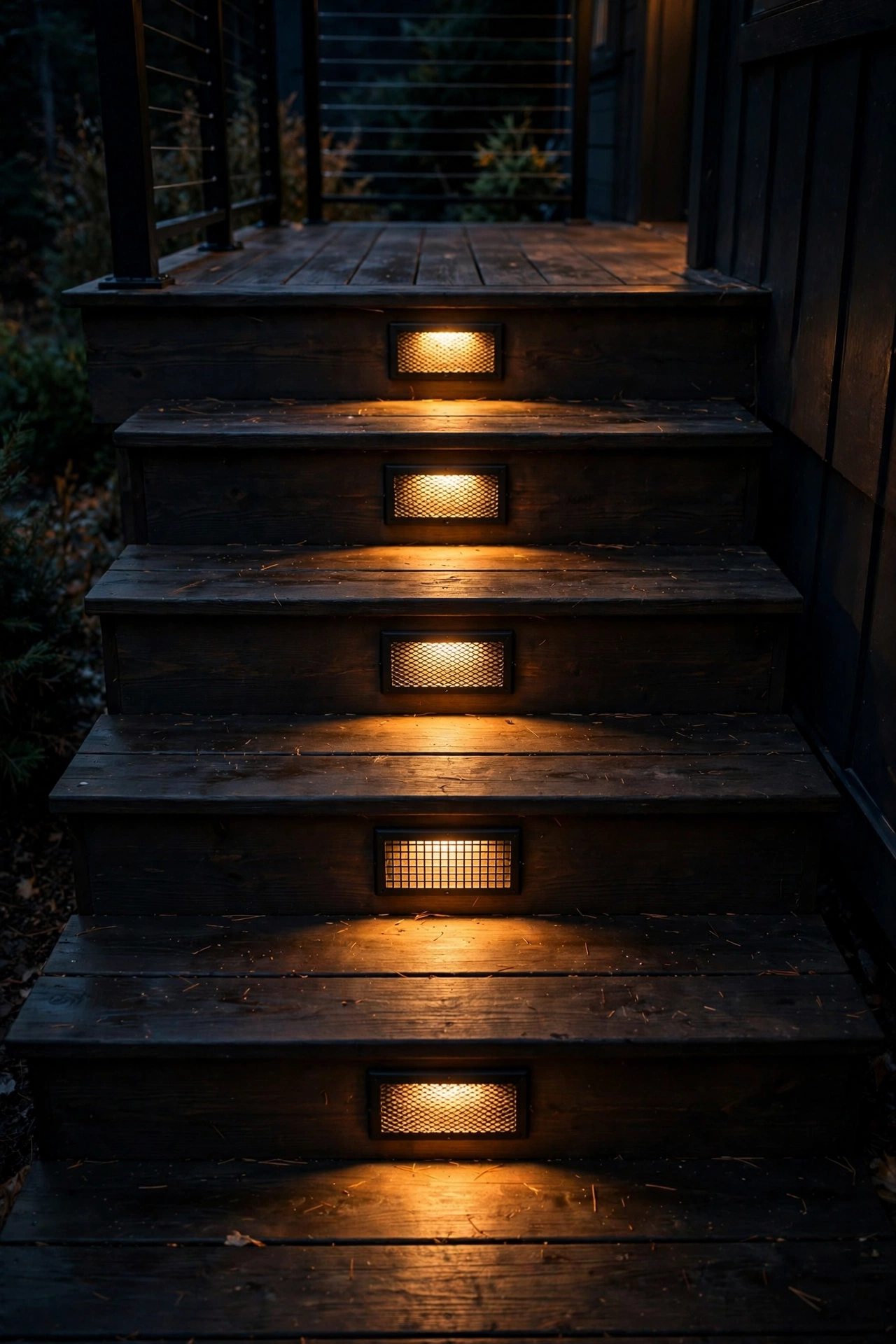 Mesh-grille industrial step lights glowing on dark deck stairs at night