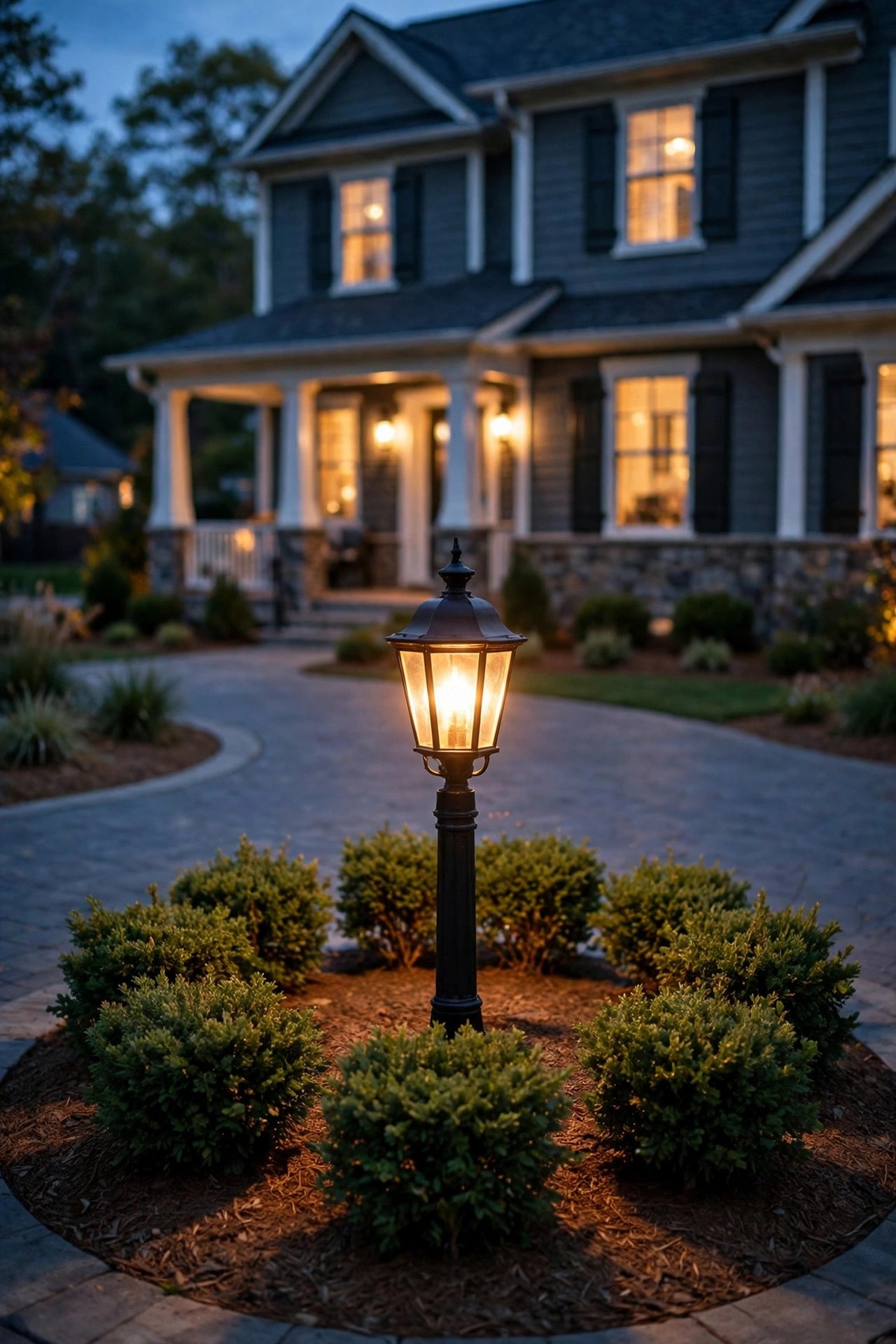 Carriage-style lantern post glowing warm at the center of a circular driveway island surrounded by low shrubs