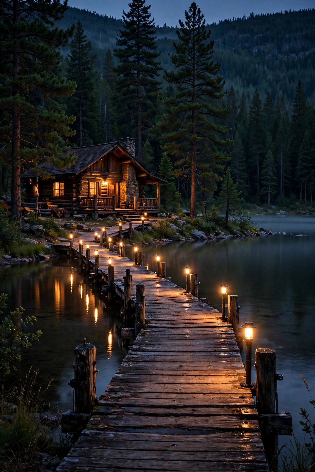 Small post lights glowing on a wooden dock stretching into a lake by a rustic cabin at dusk
