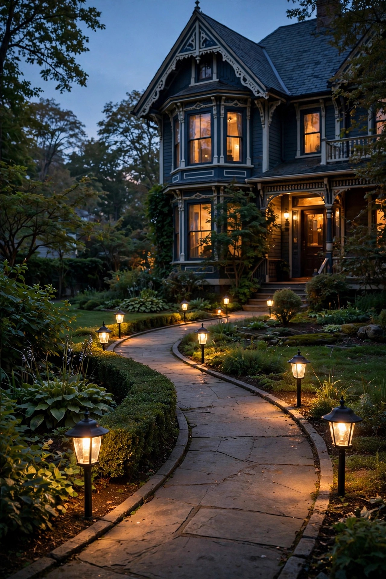 Low coach-lantern path lights lining a curved Victorian front walk at dusk