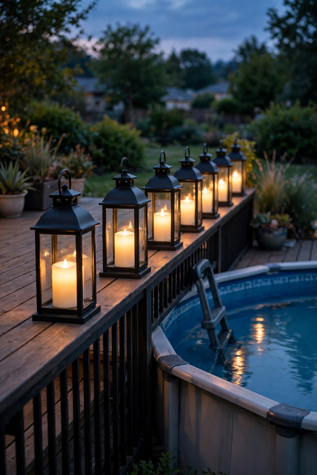 Matching black lanterns with flameless candles lined along the deck railing beside an above-ground pool