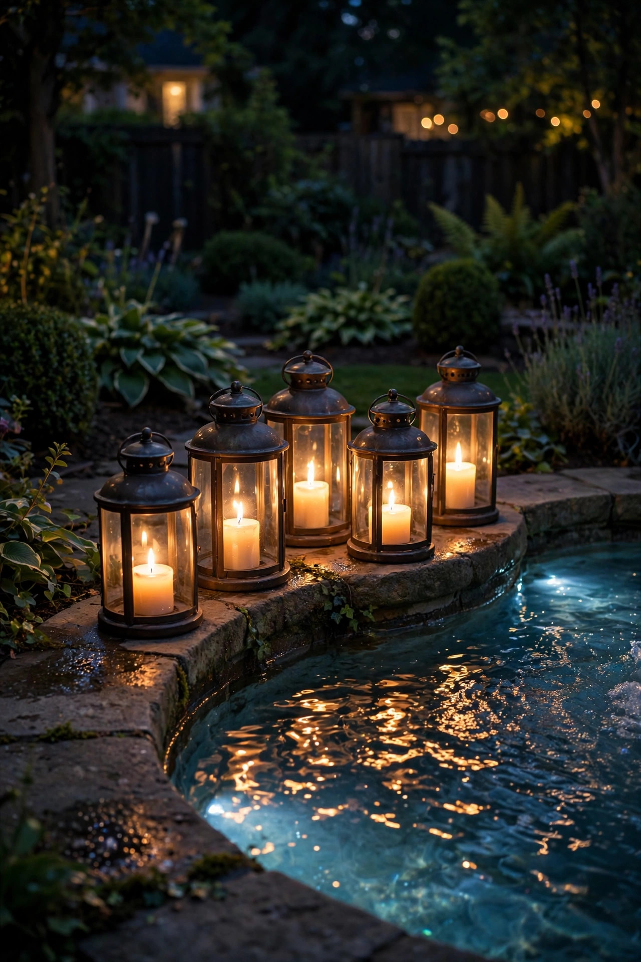 glowing lanterns arranged around the rim of a fountain at night