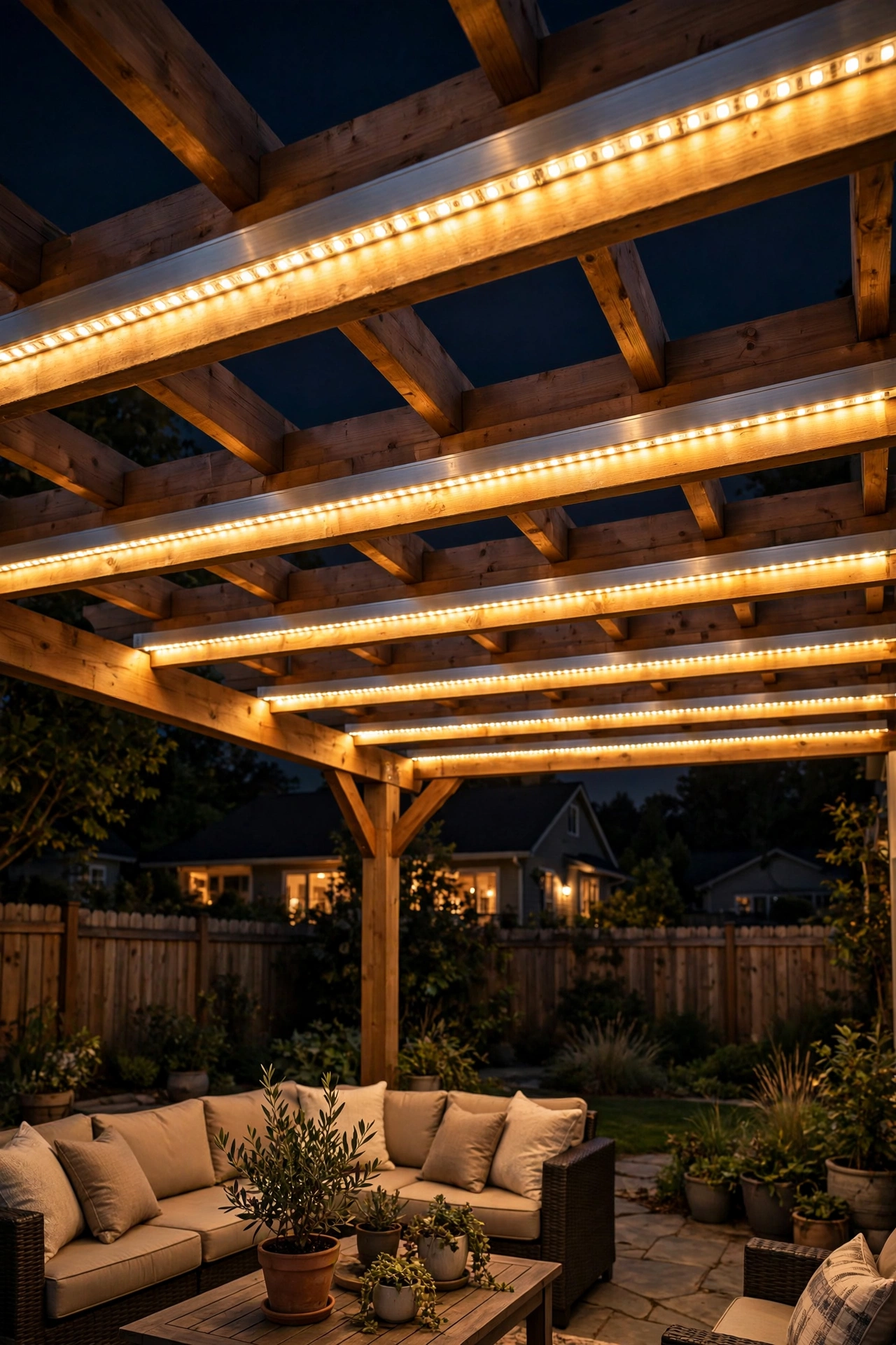 LED strip lights in aluminum channels glowing along pergola beams at night