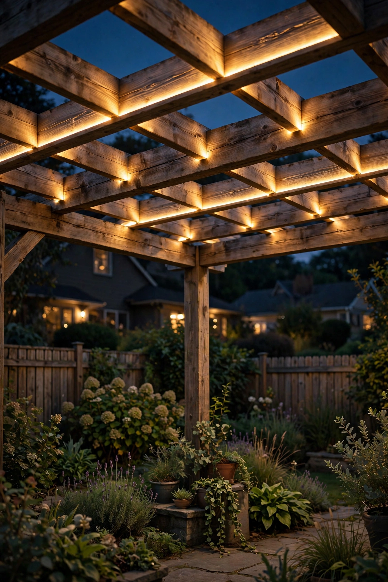 Pergola beams glowing with hidden LED strips above a nighttime garden
