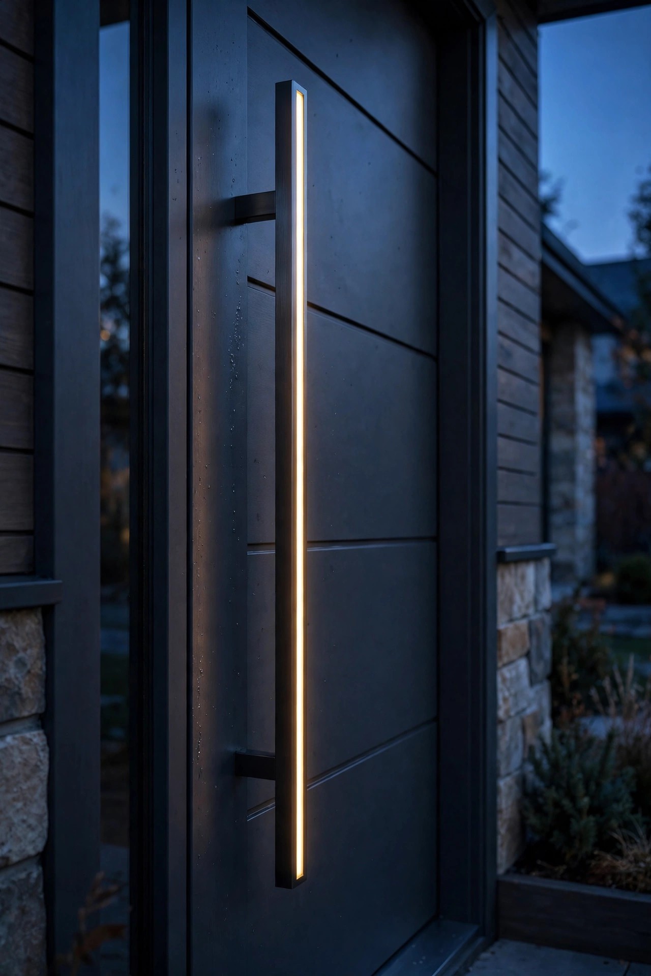 Modern front door pull handle with a slim warm LED accent line glowing at dusk