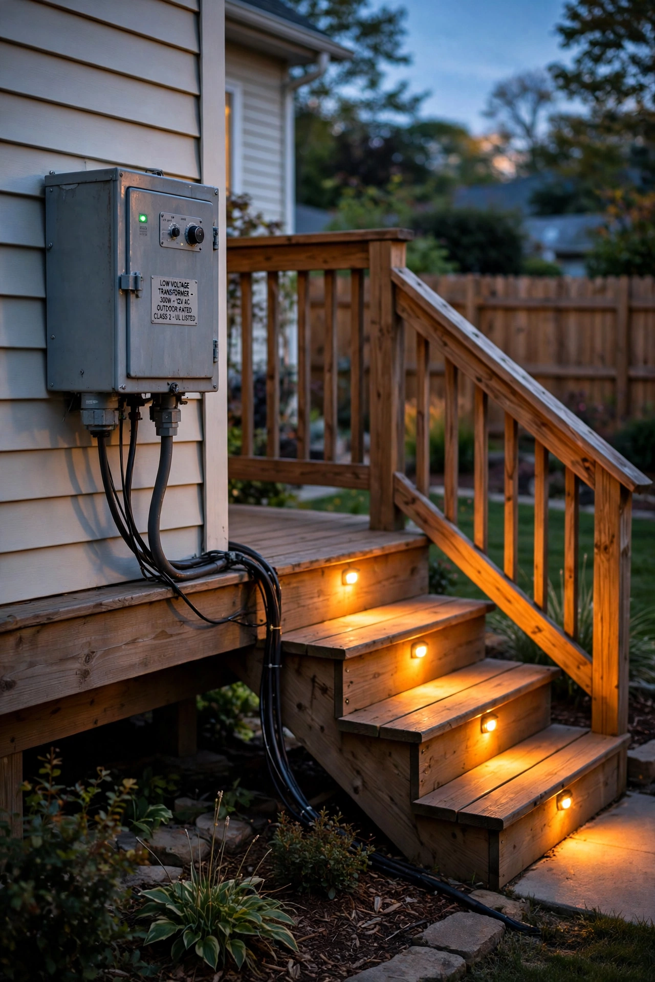 Low-voltage transformer and cable system powering deck stair lights