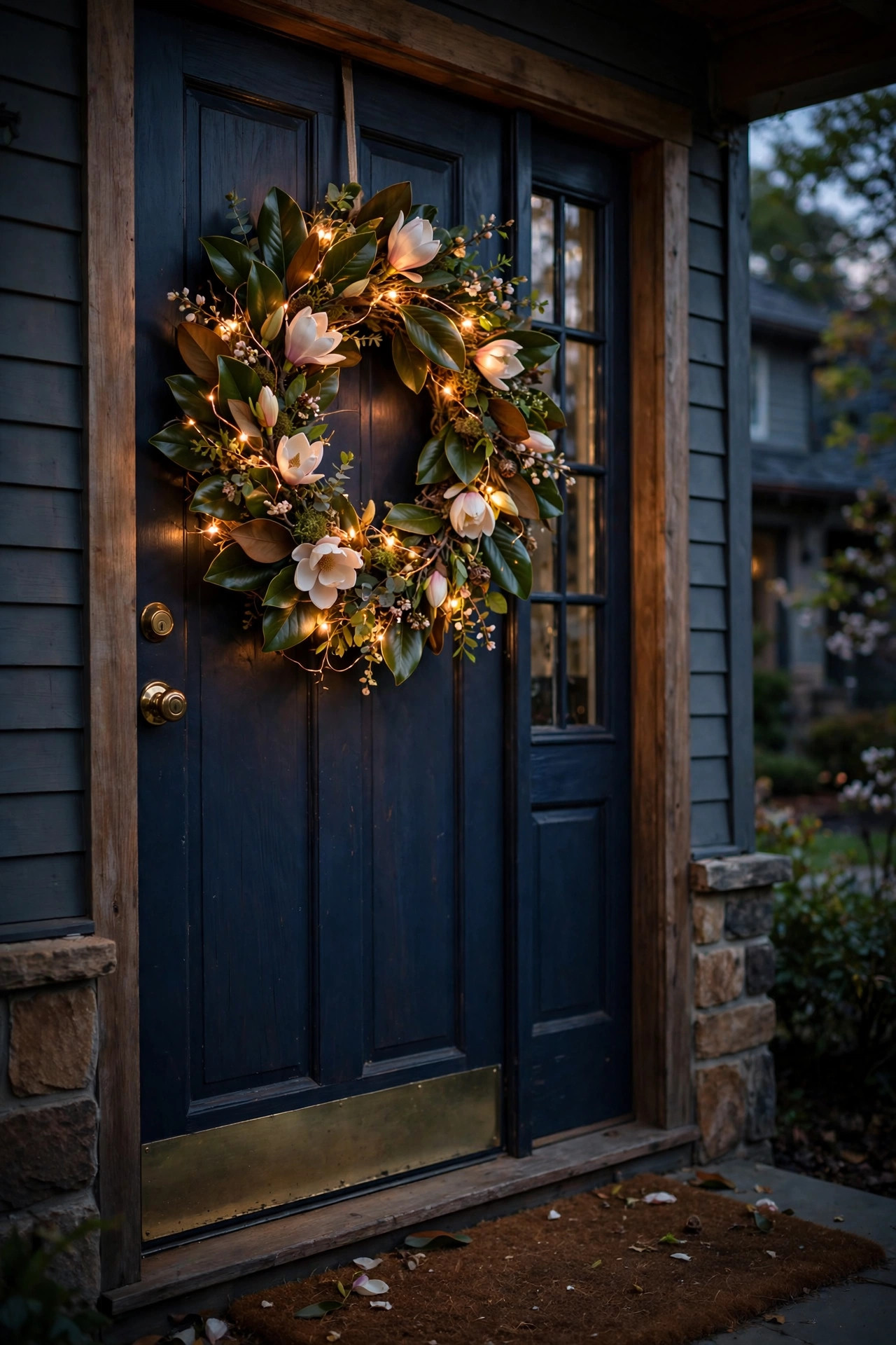 Magnolia leaf spring wreath with copper-wire fairy lights glowing on a front door