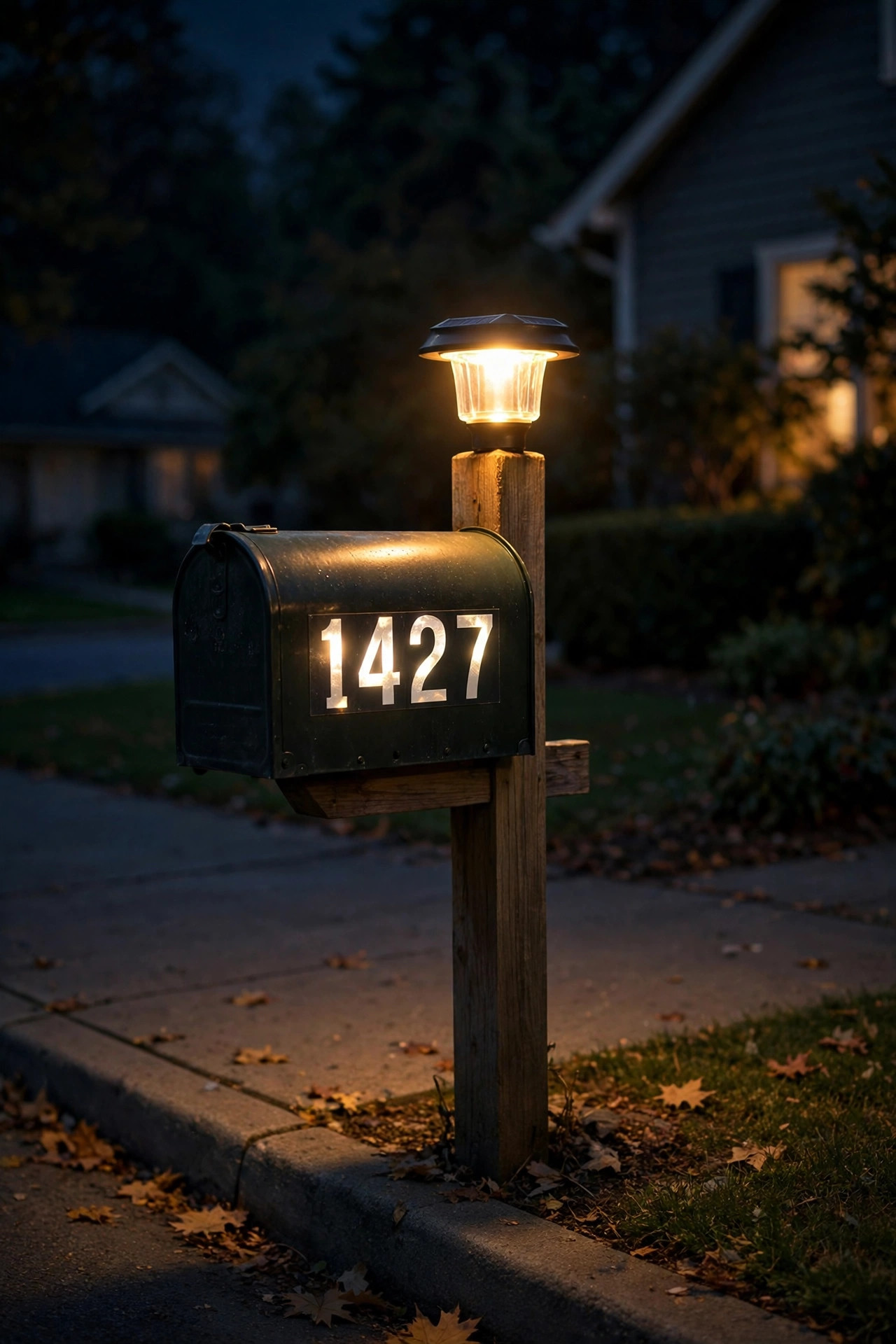 Solar light glowing on a mailbox post at the curb at night, reflective house numbers visible from the road