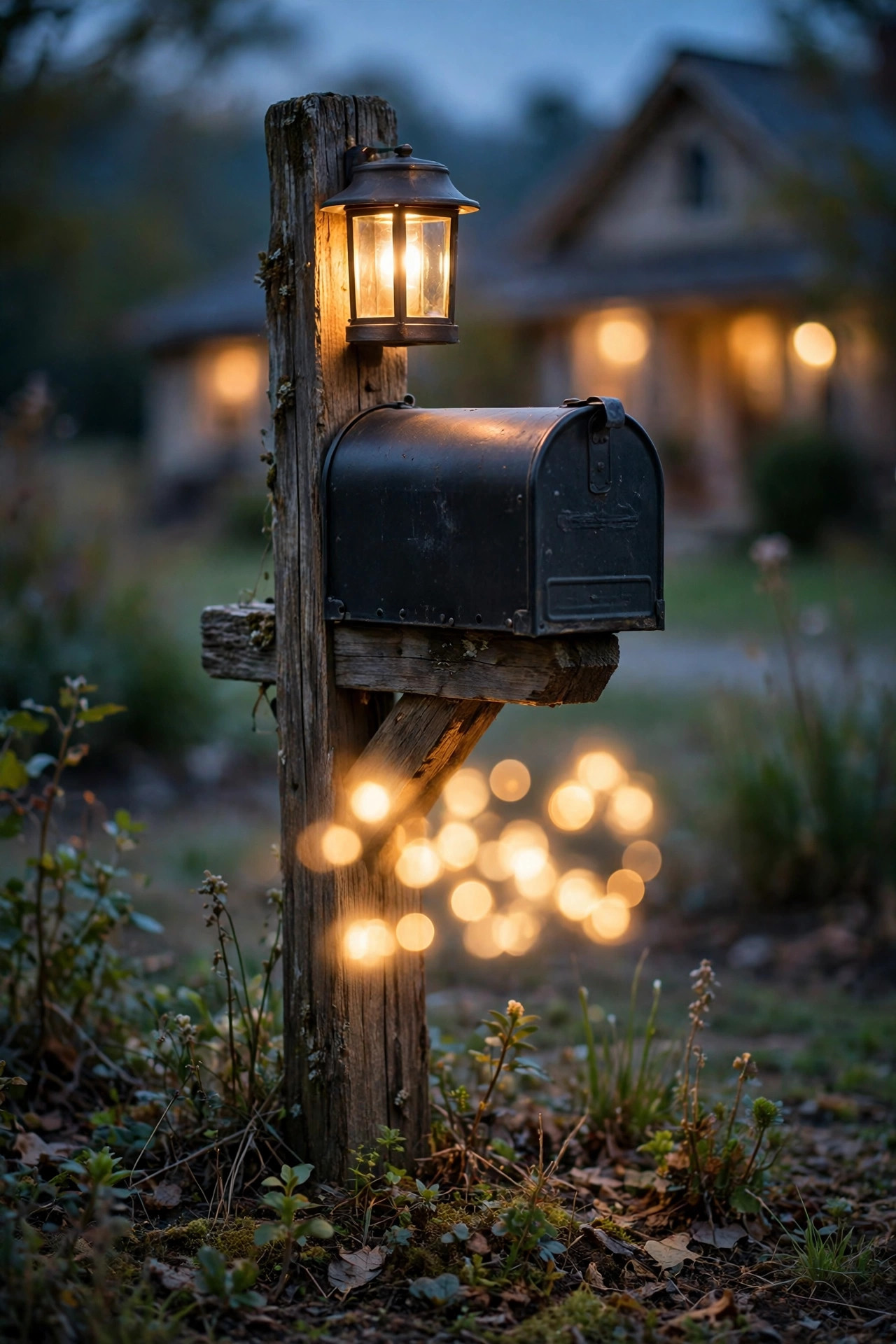 Farmhouse mailbox post with a small warm solar lantern glowing over the box and house numbers at dusk