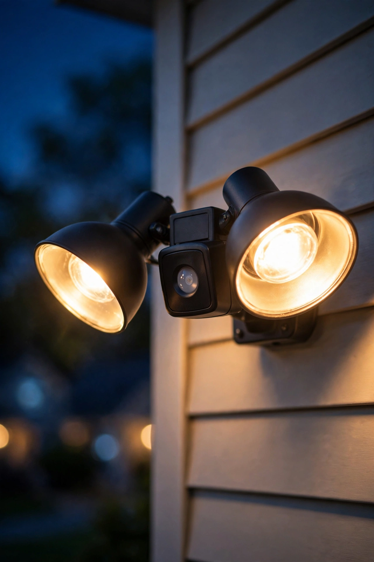 Homeowner wiping clean an outdoor motion sensor light lens during a nighttime maintenance check