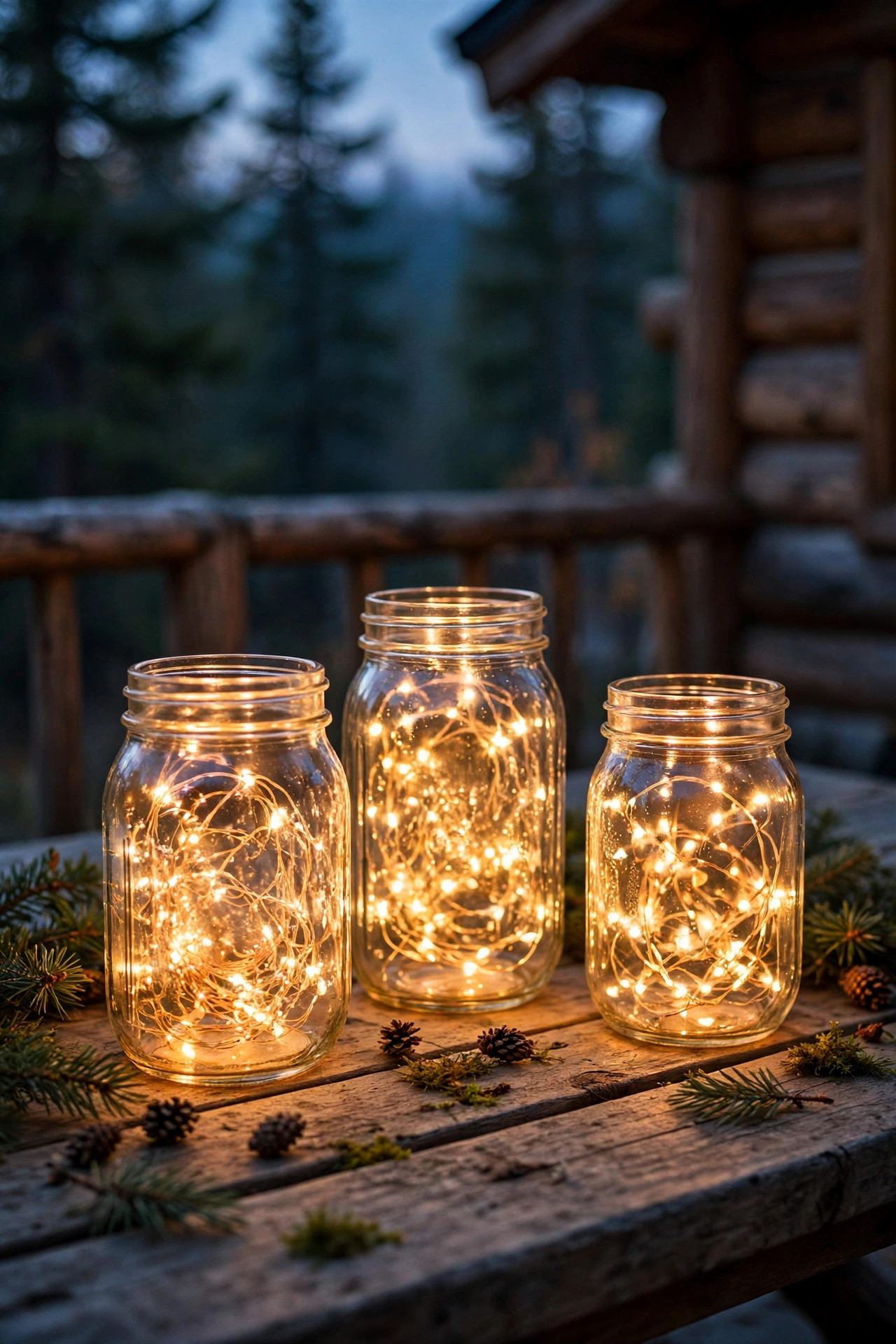 Mason jars filled with warm fairy lights on a cabin deck table at night