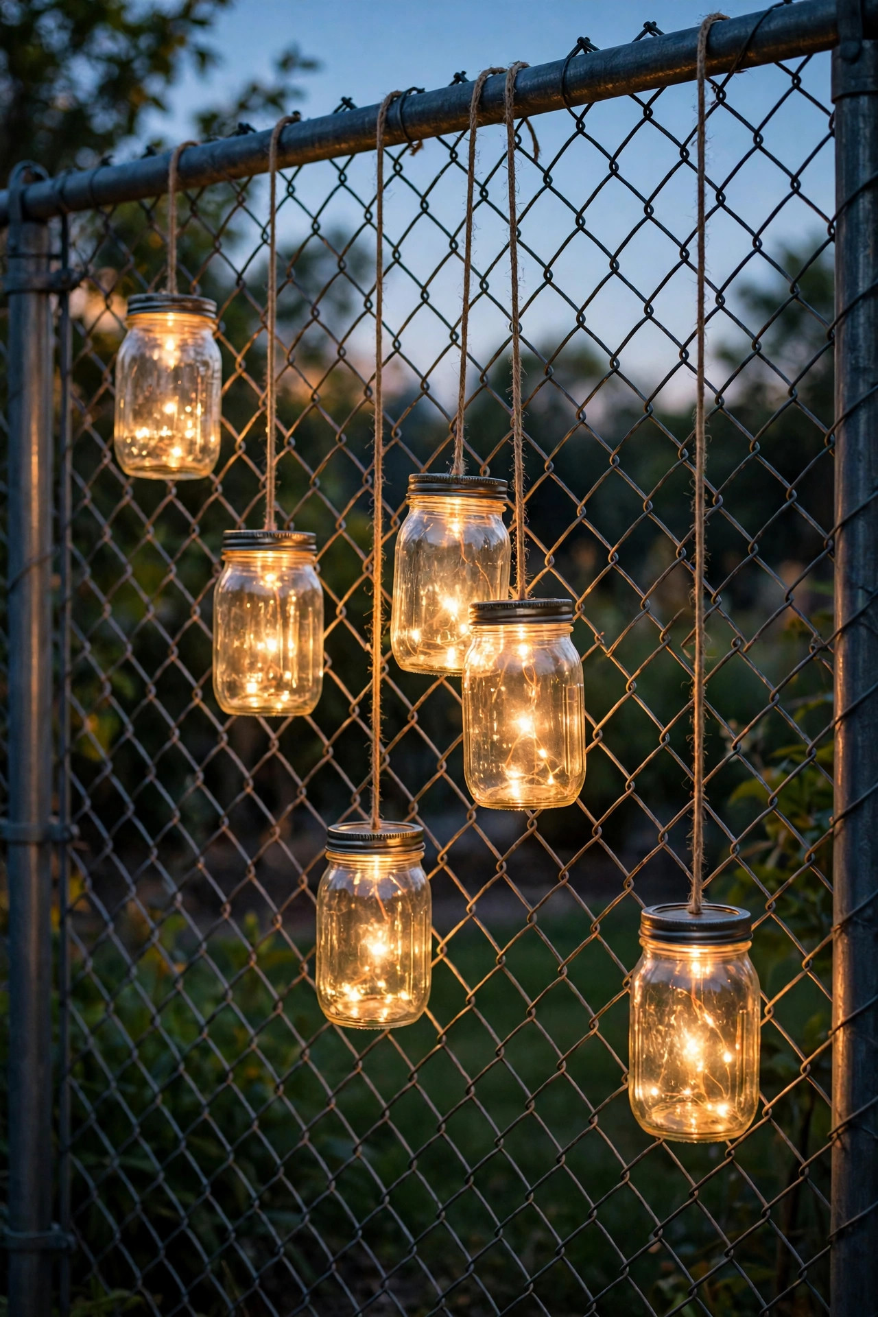 Mason jar lights with warm glowing lids hanging at varied heights from the top rail of a chain-link fence