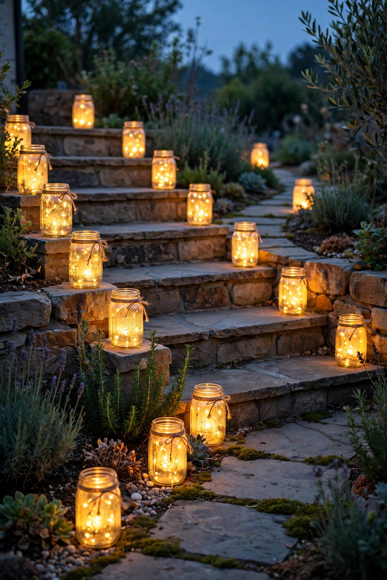 Mason jar luminaries with warm glowing lights inside, lined along patio steps and a garden walkway at dusk