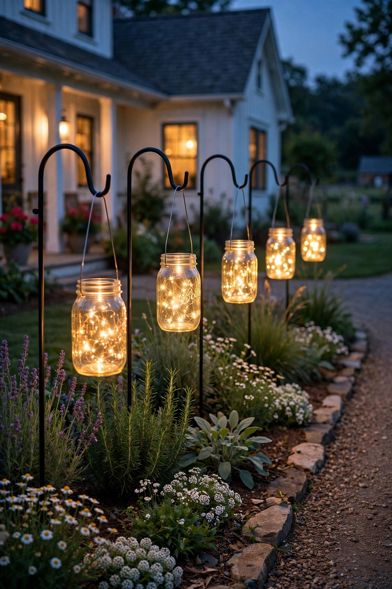 Glowing solar mason jar lanterns hanging from shepherd hooks beside a farmhouse driveway garden bed