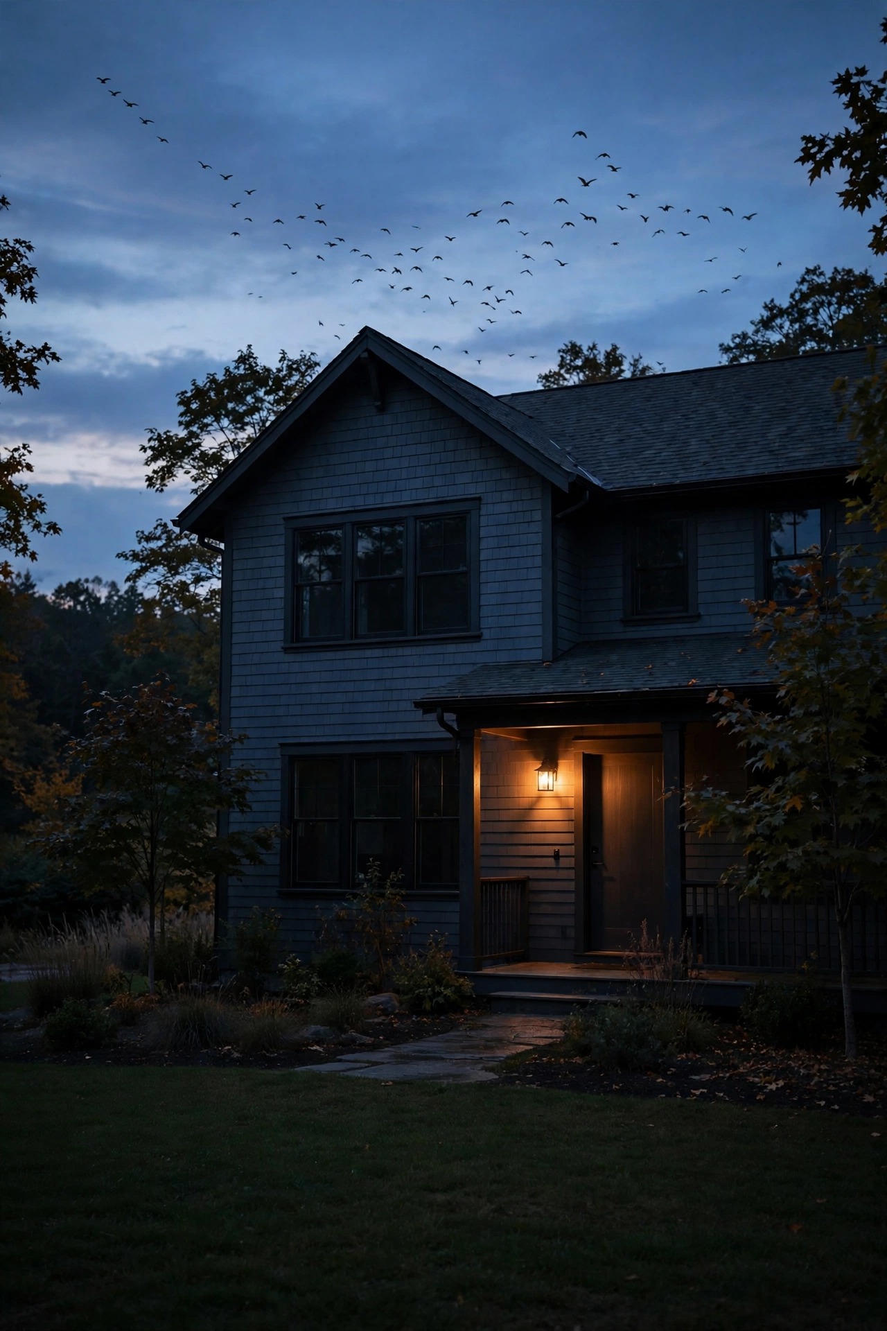 House at dusk during bird migration season with most outdoor lights off, one warm shielded porch light glowing over a calm dark yard