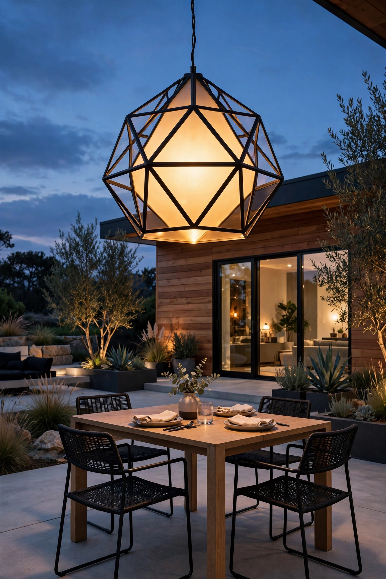 Sculptural modern pendant light glowing over a patio door at dusk