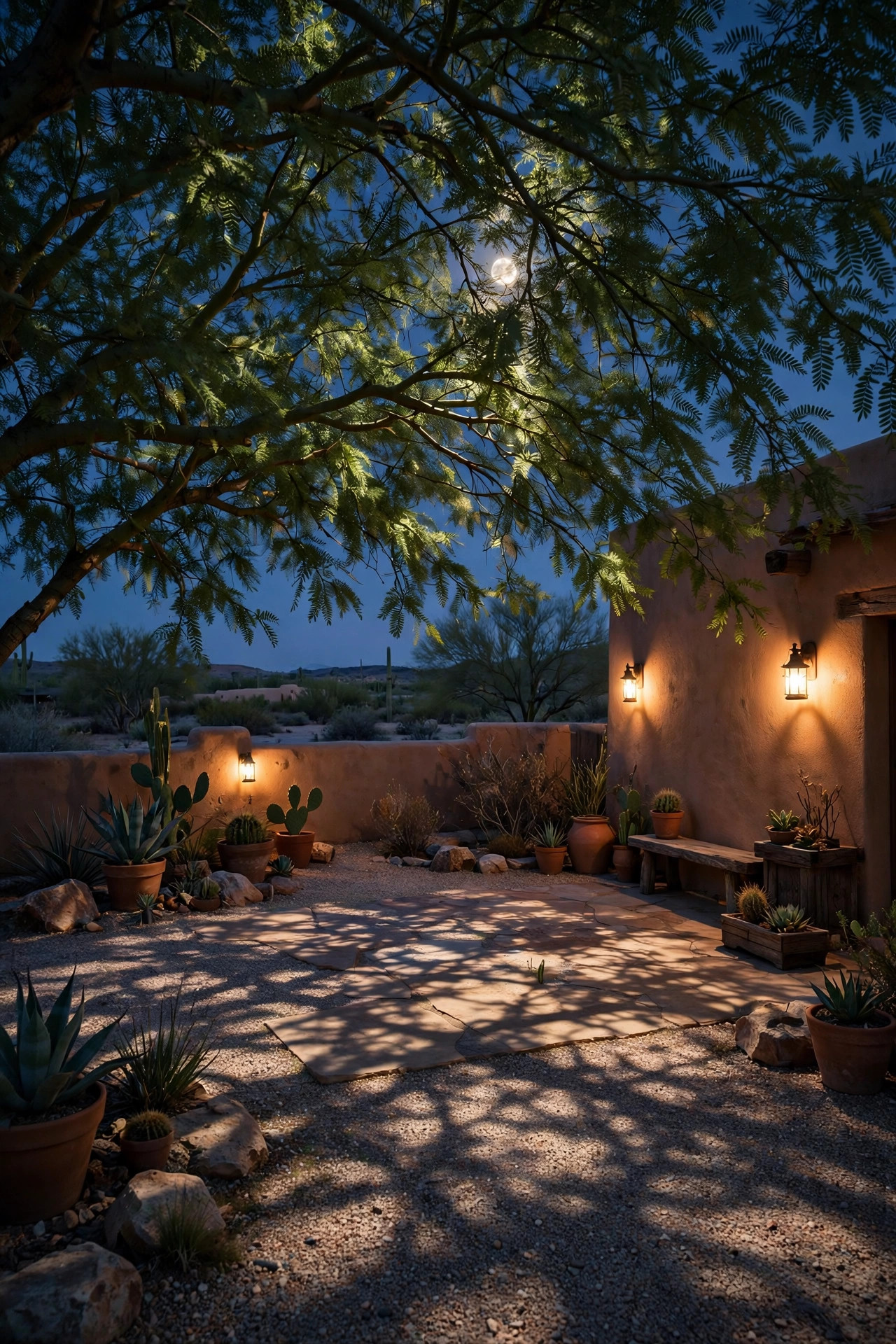 Dappled moonlight effect shining down through a mesquite tree canopy onto a desert patio and gravel below