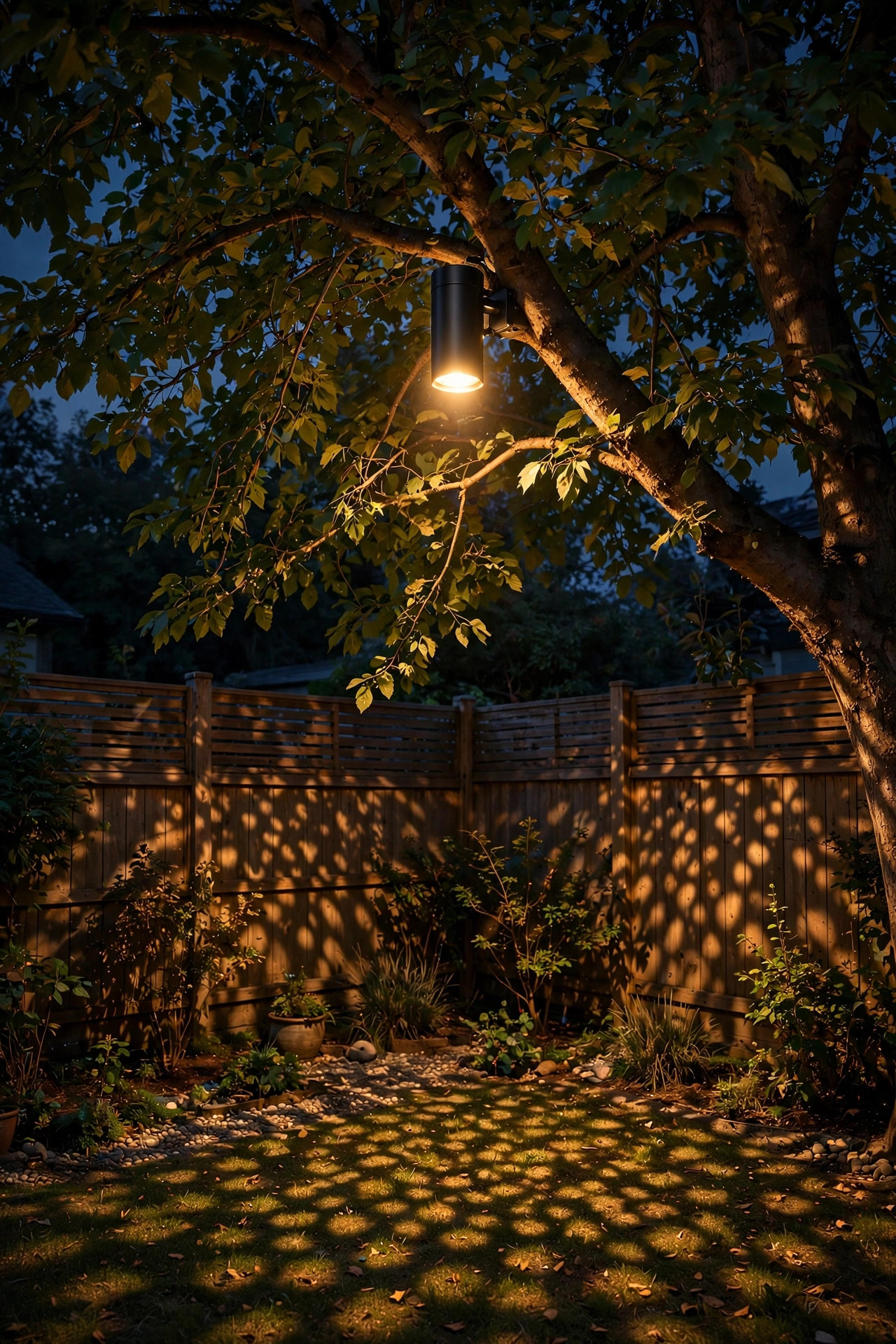 Moonlighting downlight in a tree casting dappled light inside a fenced backyard at night