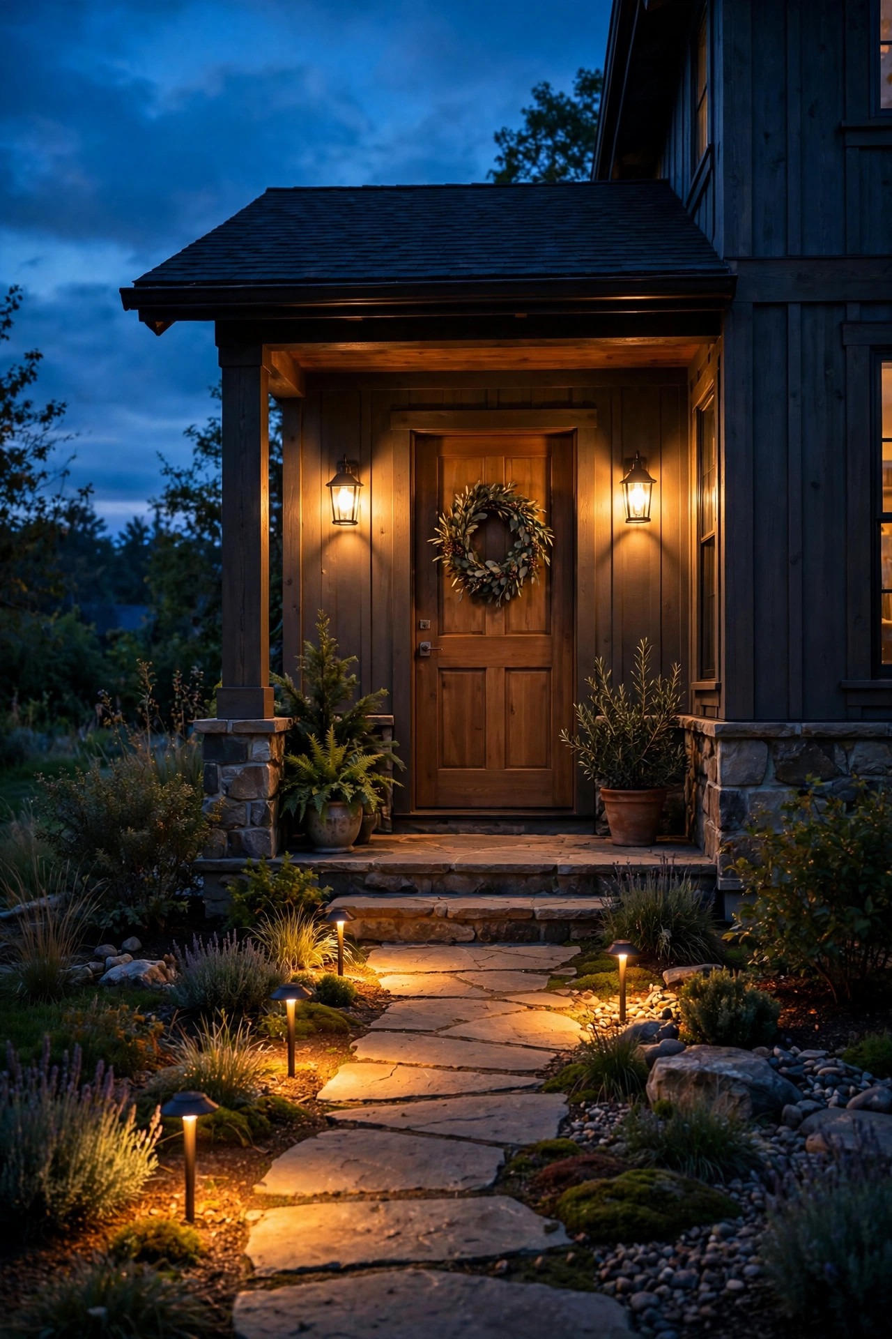 Front porch sconces glowing a warm welcoming gold as a motion-triggered color changing smart outdoor lights routine at dusk