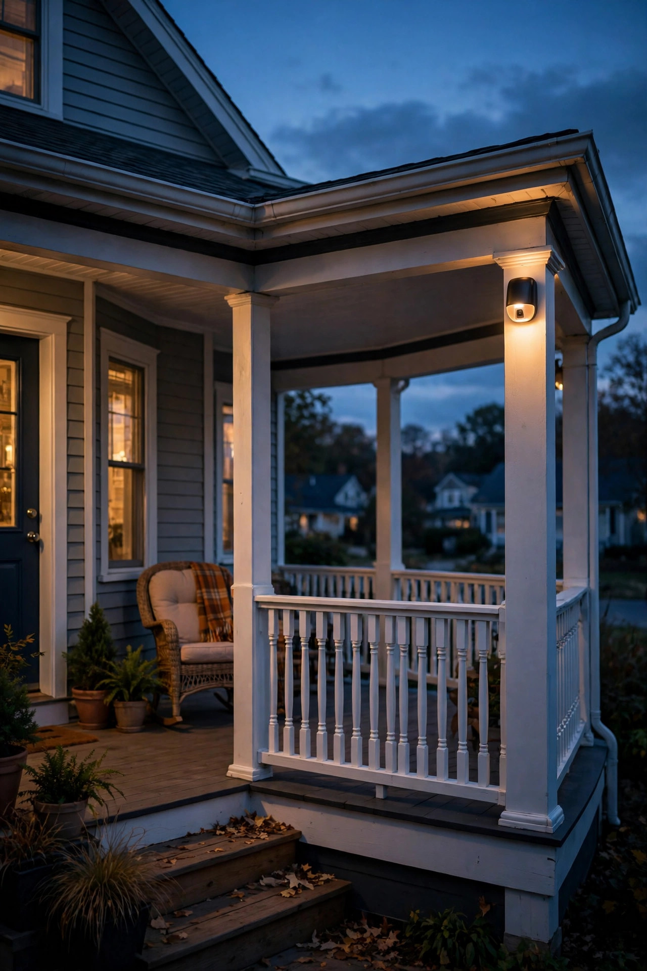 Shielded warm motion sensor light glowing softly at the far corner of a wraparound porch