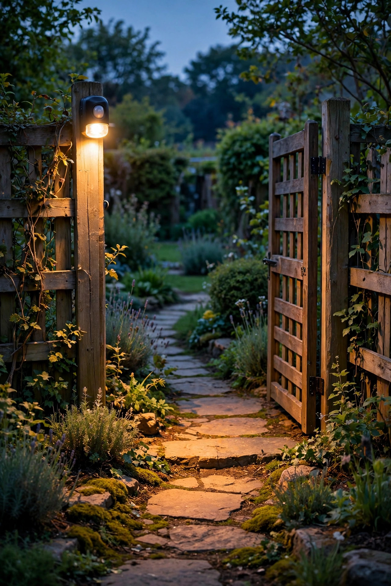 Motion sensor light glowing above a garden gate and fence post lighting the path entrance at dusk
