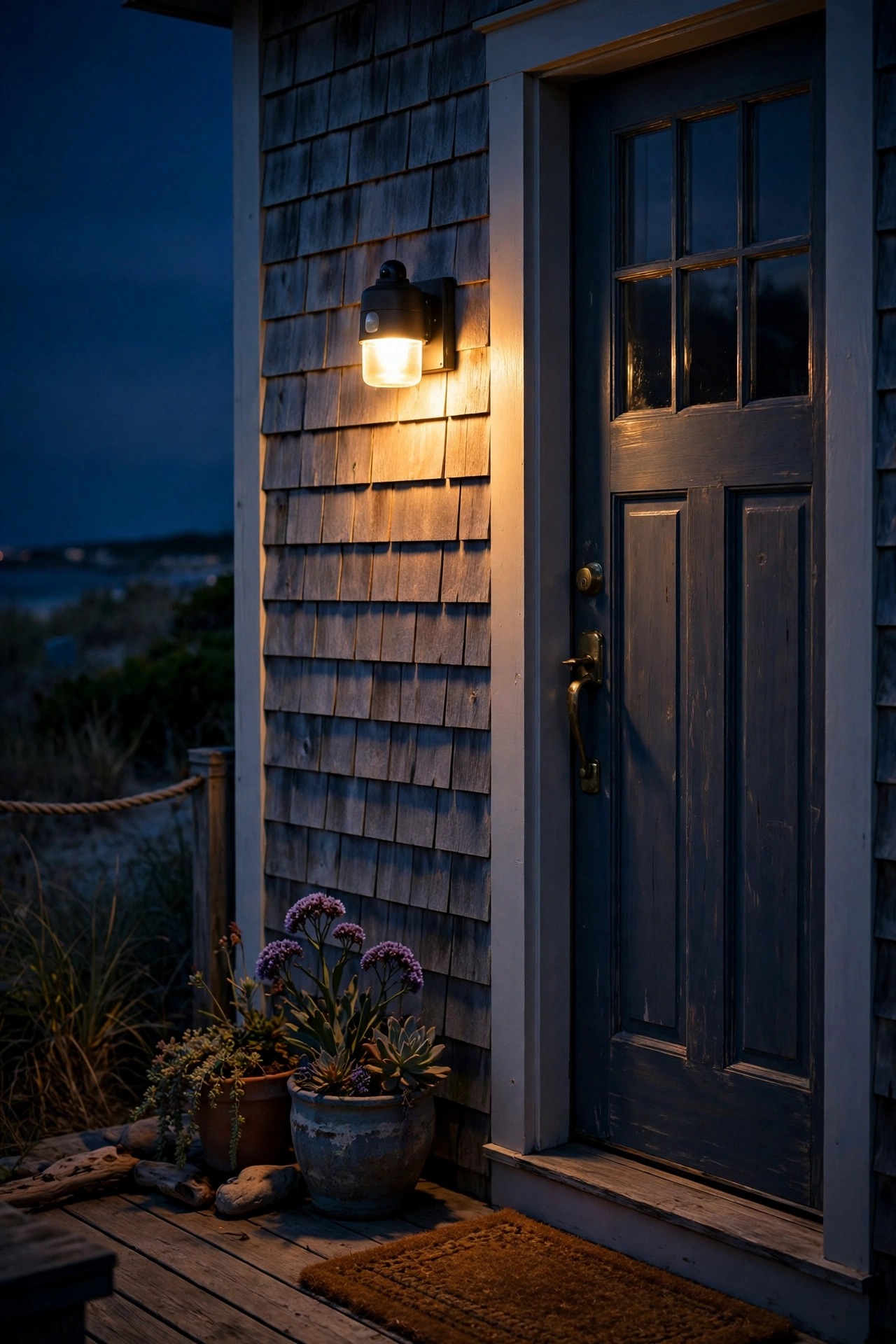Motion sensor porch light glowing warmly beside a coastal side door at night