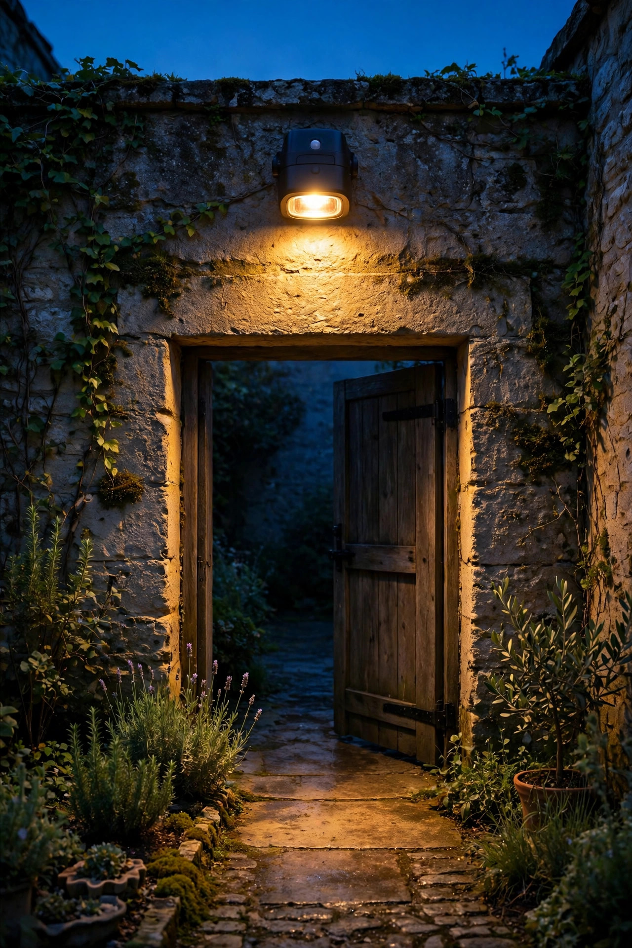 Motion sensor light glowing above a courtyard side gate at dusk, softly lighting the entry path