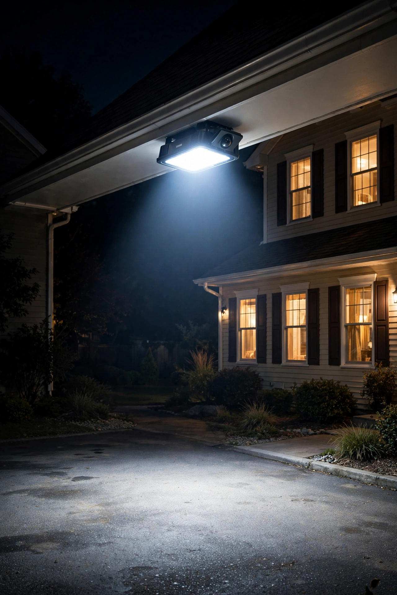 Motion sensor floodlight glowing over a driveway at night beside a warmly lit house exterior