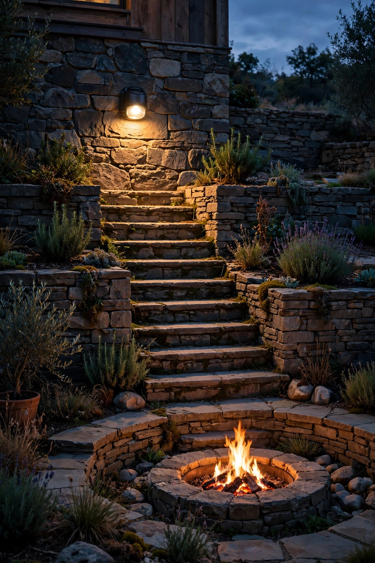Warm motion sensor light glowing above stone stairs leading from a house down to a terraced fire pit