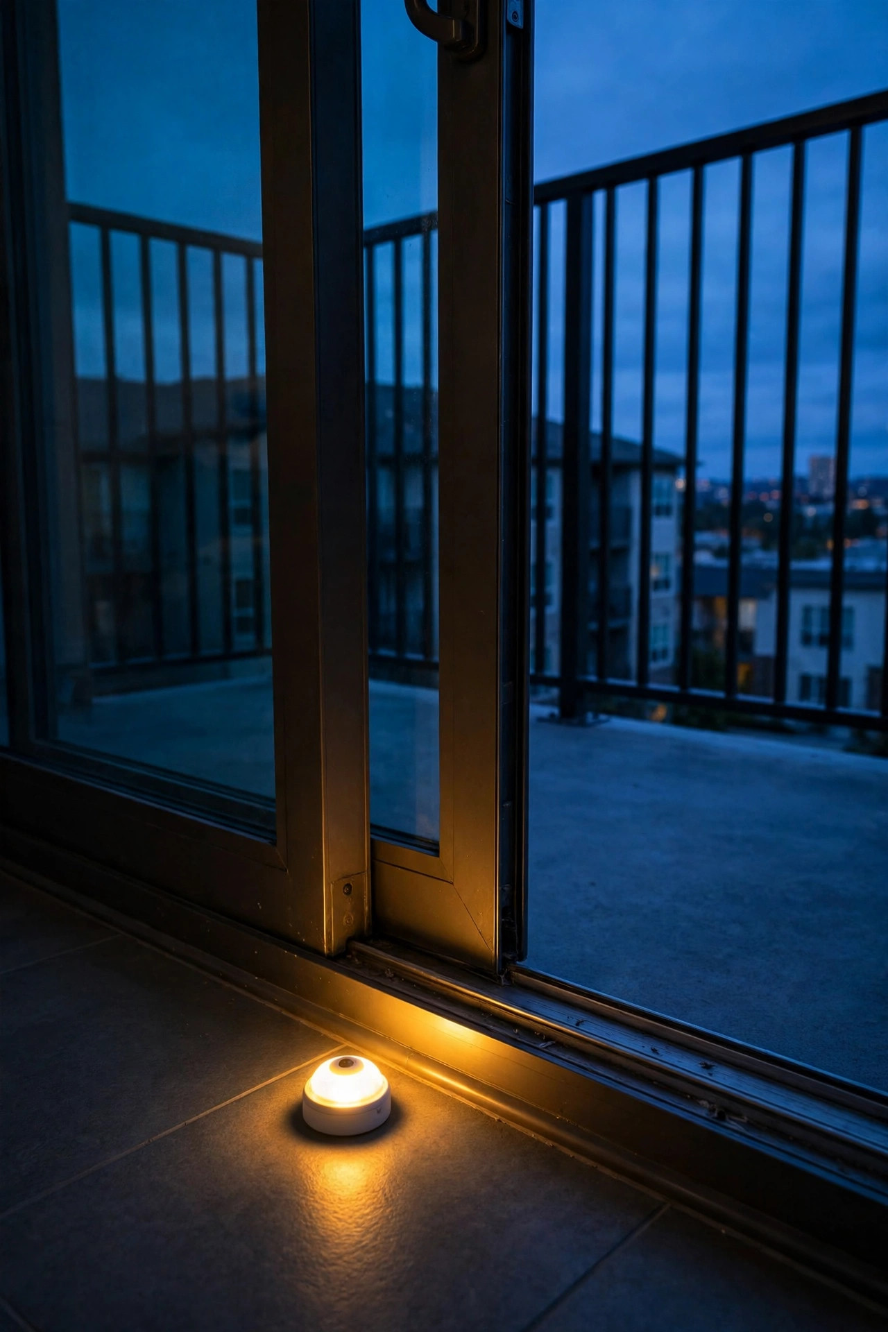 Small motion sensor puck light glowing beside a condo balcony sliding door threshold at dusk