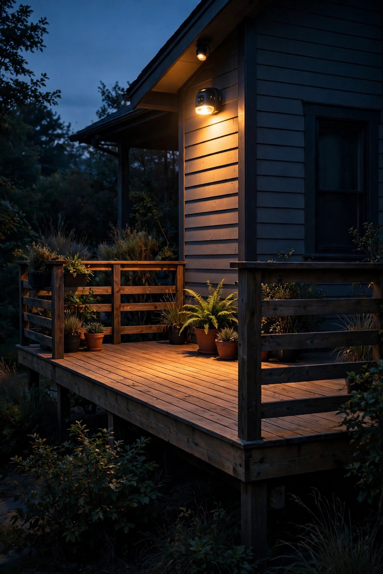Motion sensor light glowing over the quiet side stretch of a wraparound deck at night