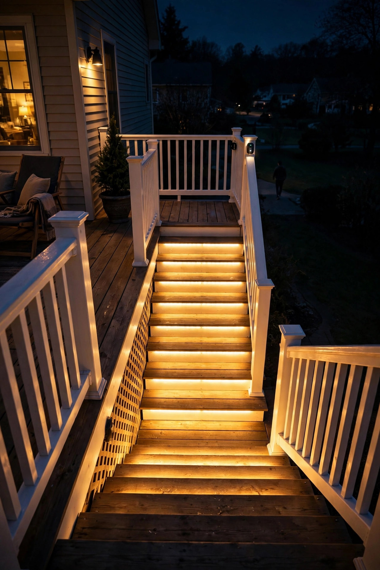 Deck stair LED strips brightening with motion sensor as someone approaches at night