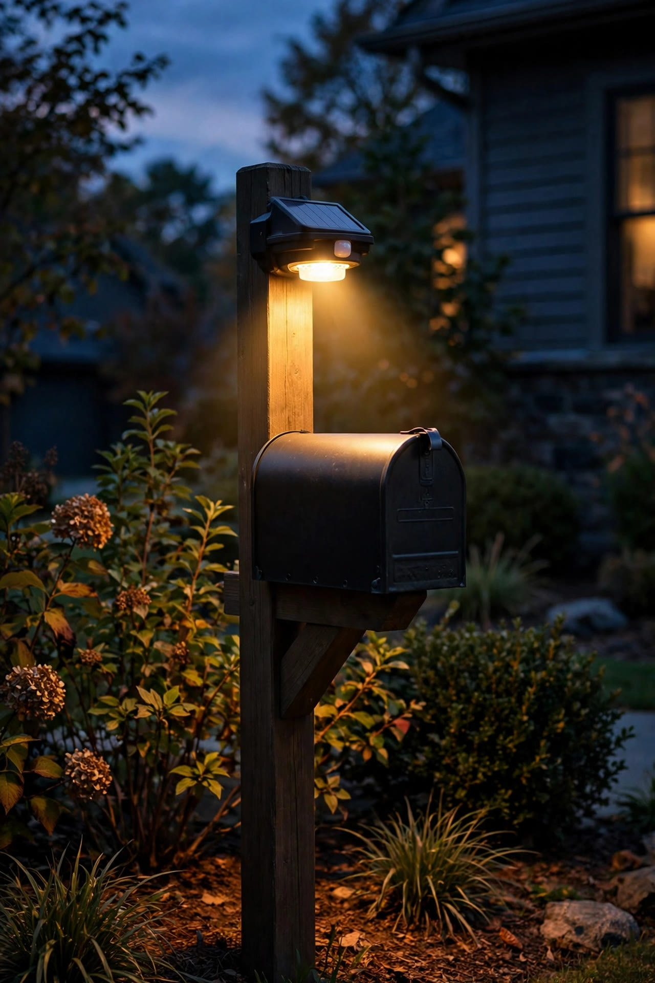Solar motion sensor light mounted above a mailbox illuminating the area as evening falls