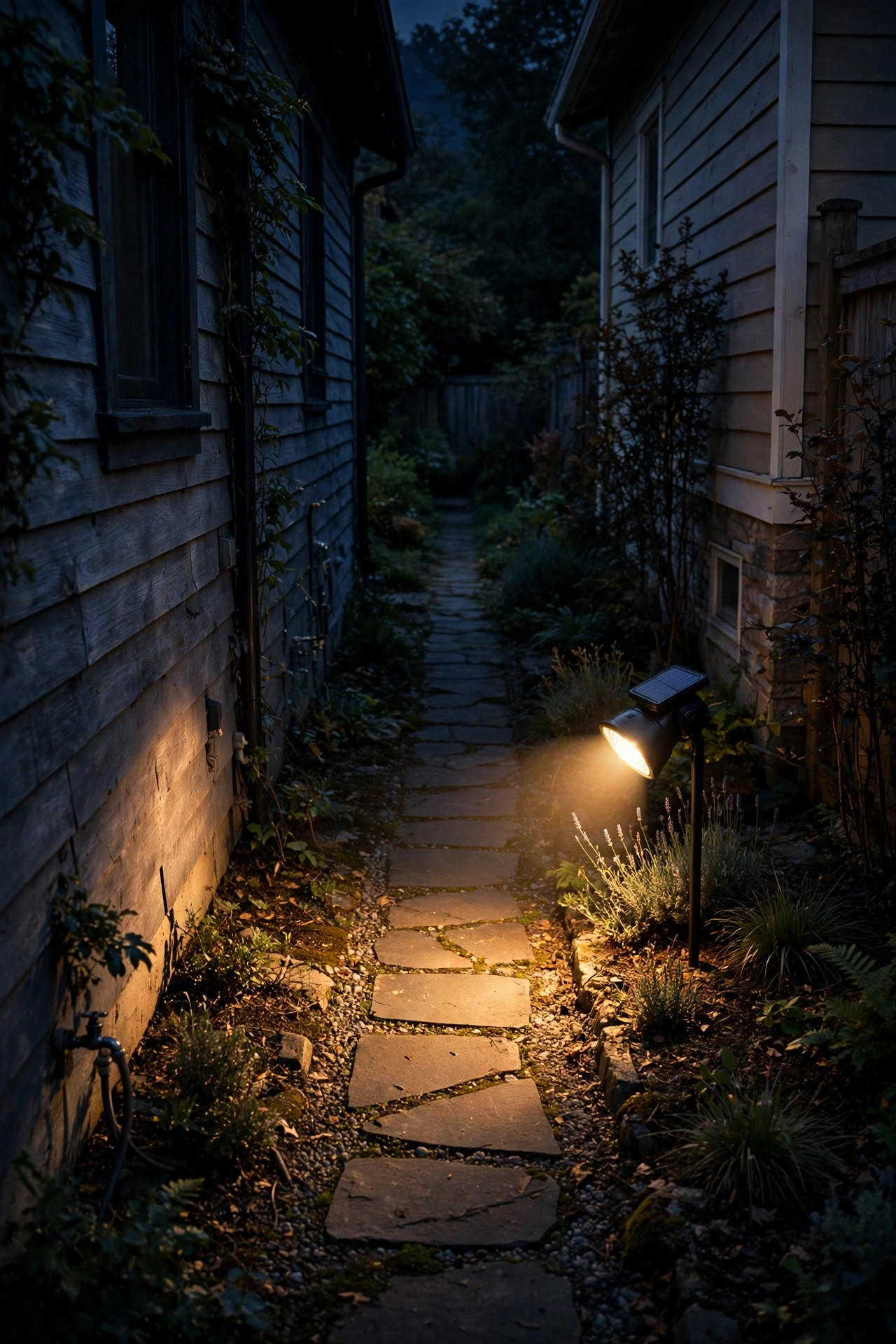 Motion-activated solar spotlight brightening a dark side yard path between two houses at night