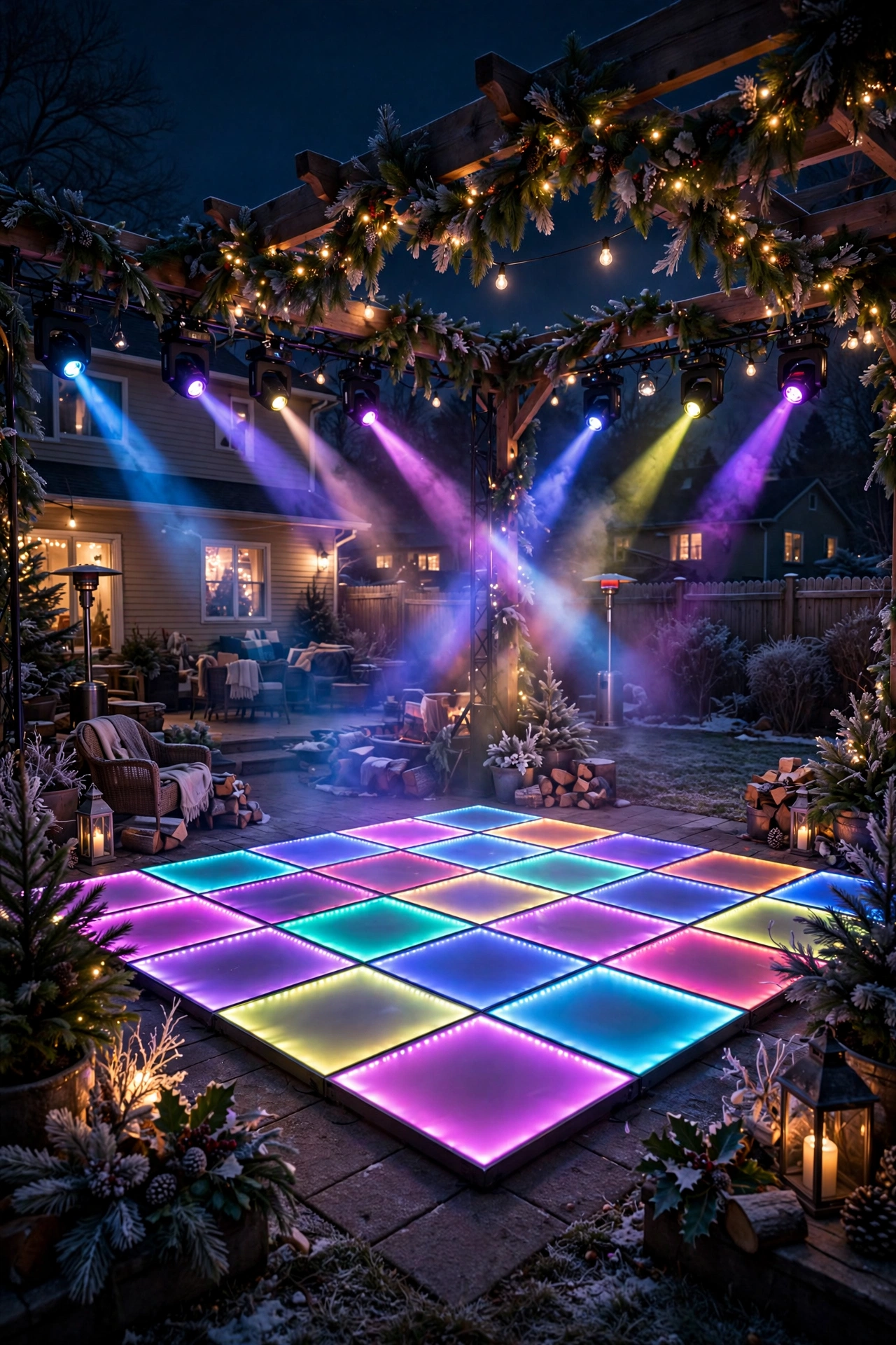 Dance area with music-synced colorful lights at an outdoor New Year's Eve party