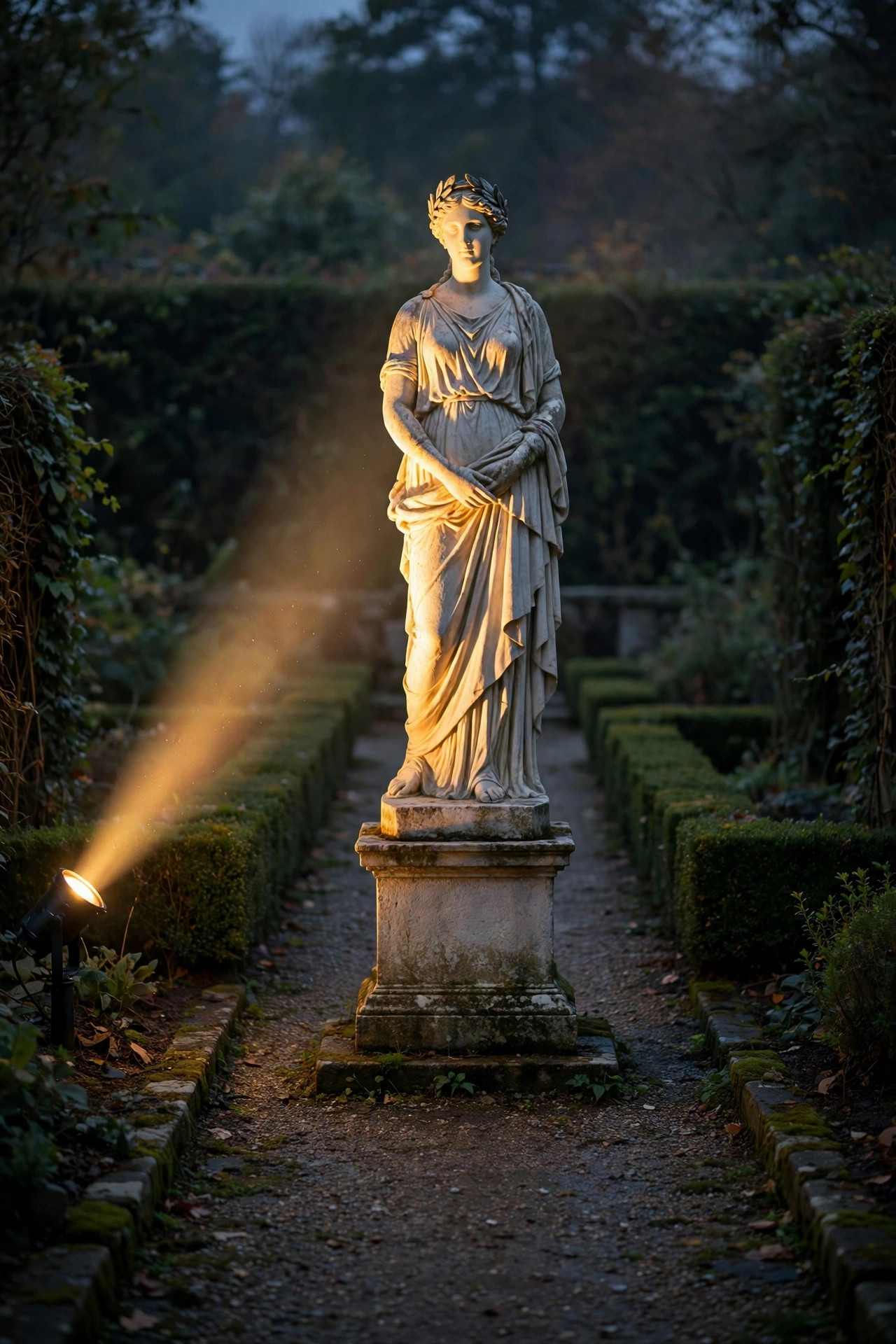 Tall garden statue evenly lit from head to base by a narrow beam spotlight placed across a path