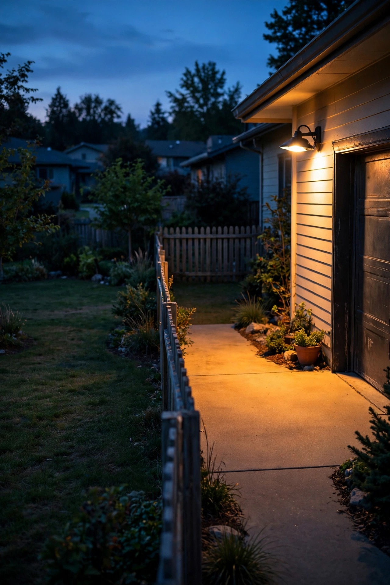 Two adjoining suburban yards at dusk separated by a low fence, one warm shielded floodlight aimed down into its own driveway