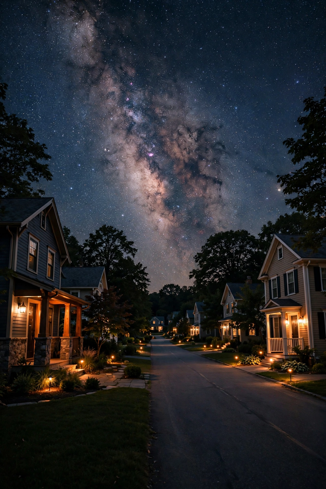 Peaceful suburban street at night with warm dark sky outdoor lighting and no light trespass