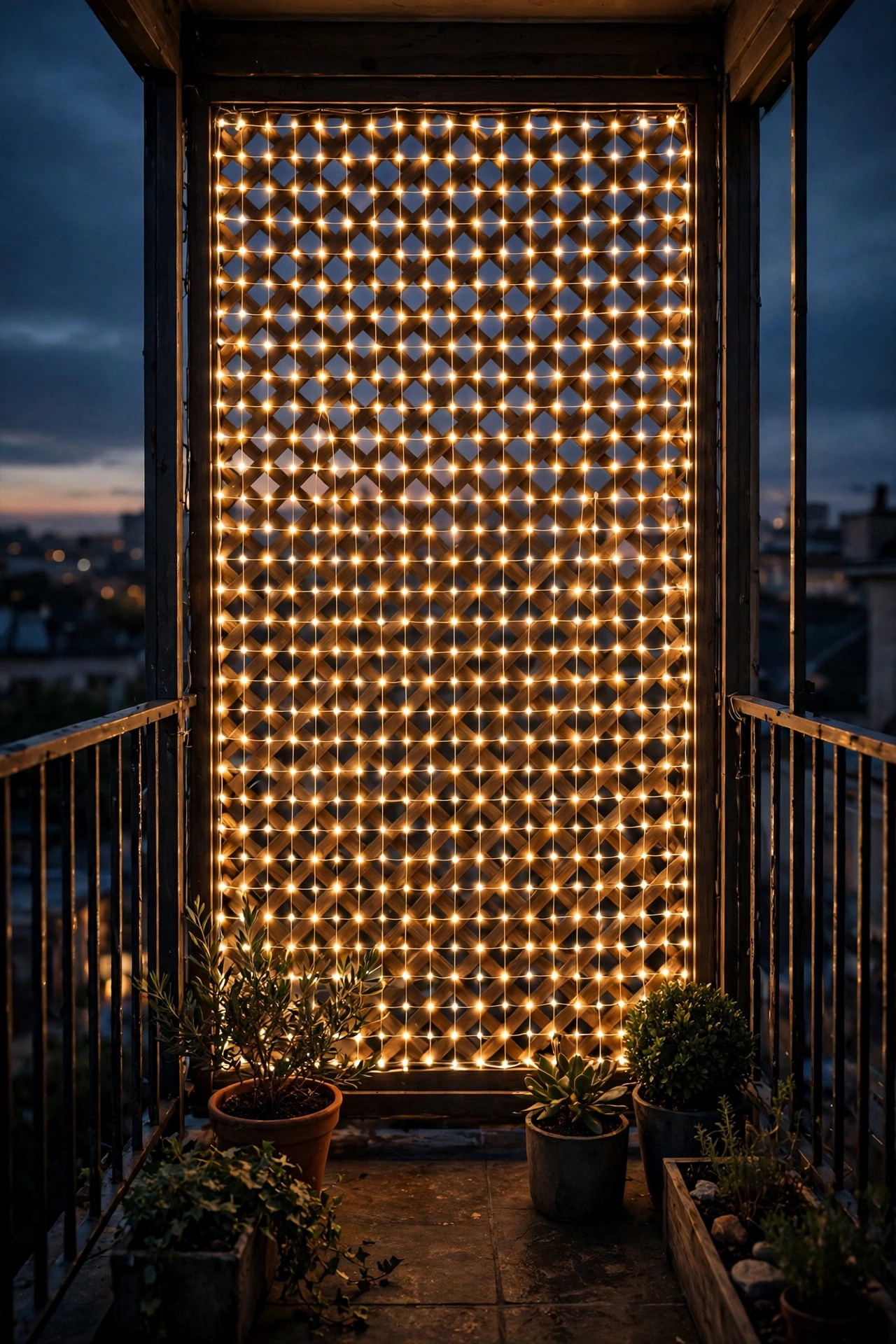 Net lights draped evenly over a dark lattice panel at the end of a balcony glowing as a uniform wall of warm light at dusk