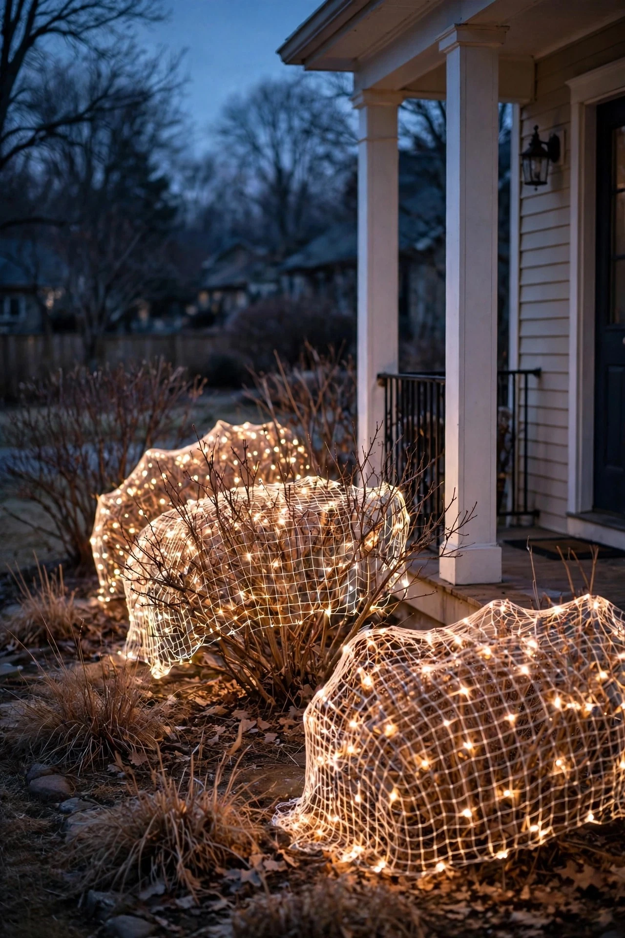 Warm white net lights draped over dormant winter shrubs glowing softly beside a porch