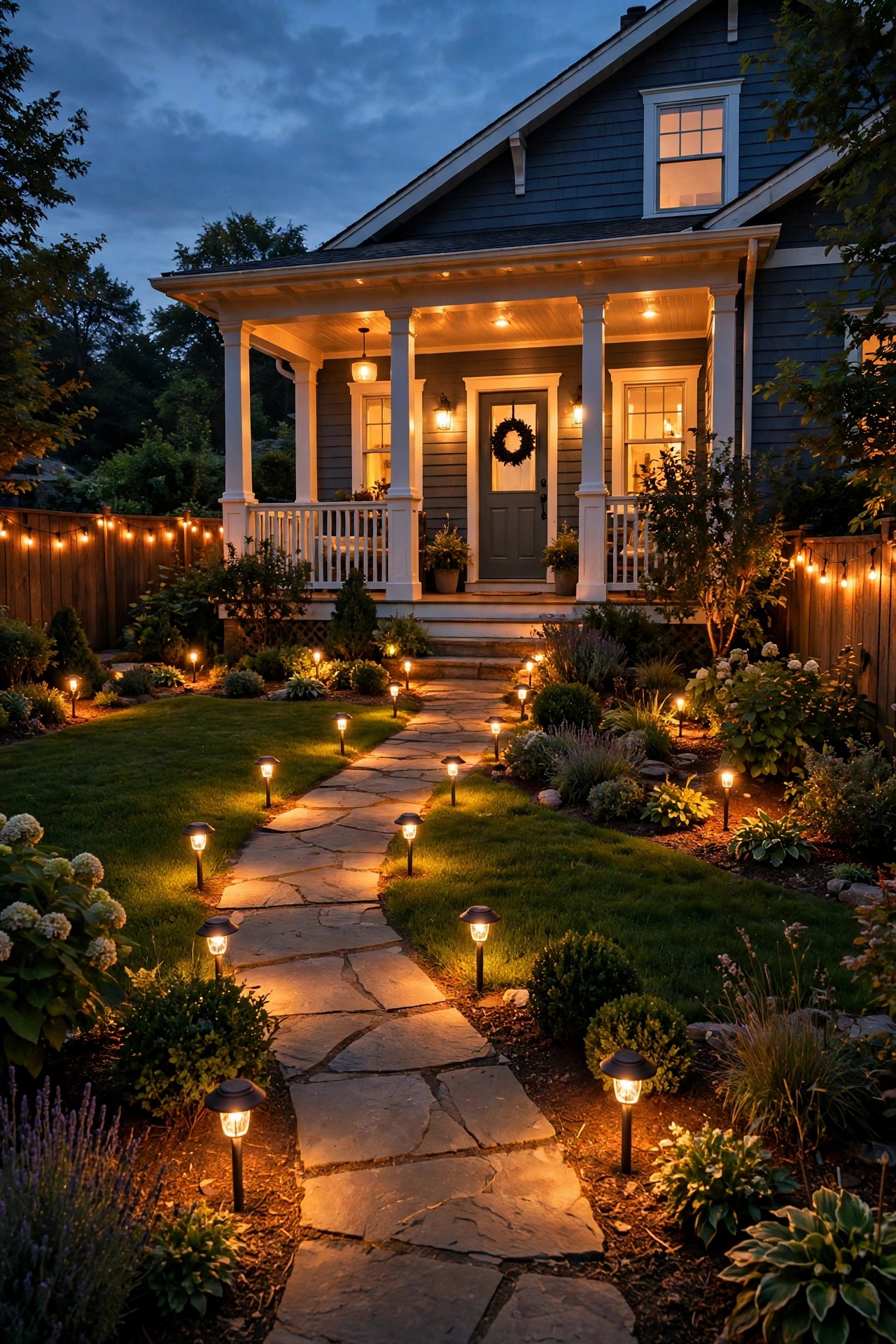 Whole yard glowing in one uniform warm 2700K color temperature at dusk, porch path and garden lights all matching in one calm cohesive scene