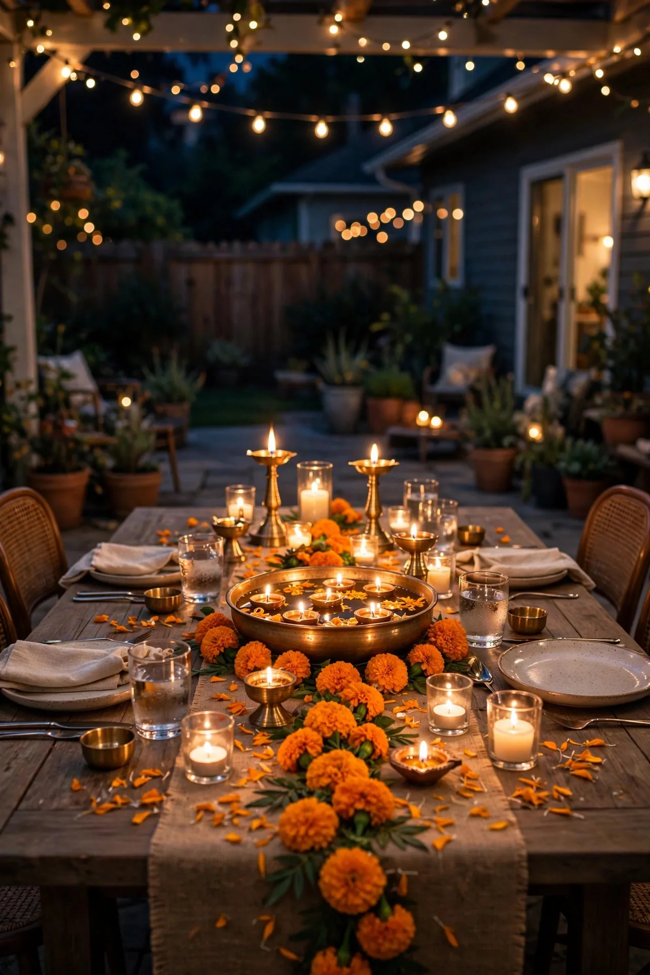 Outdoor dining table with marigold runner, brass diyas and floating candles at night