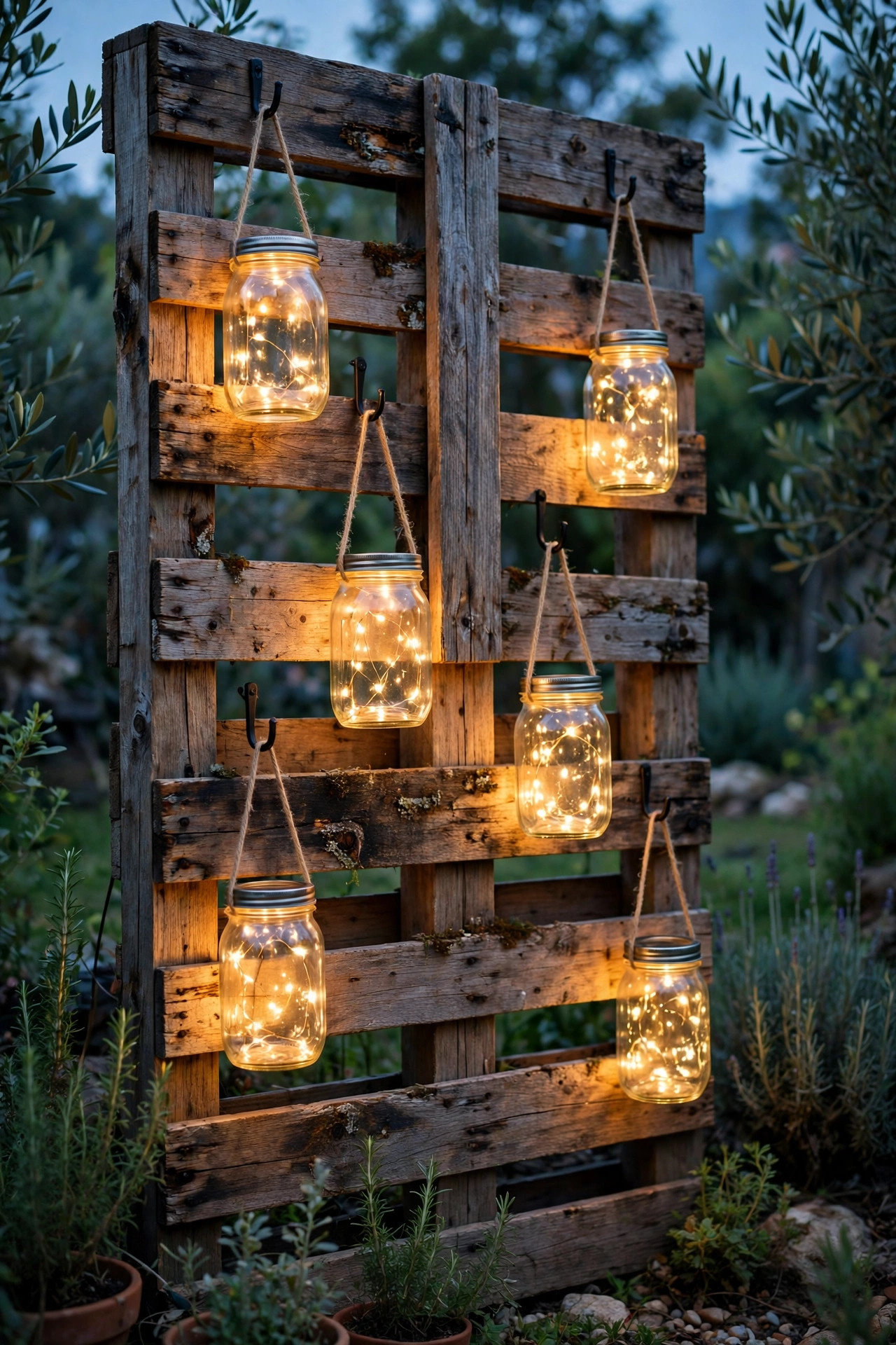 Wooden pallet wall with glowing mason jar lanterns hanging at staggered heights as a rustic photo backdrop