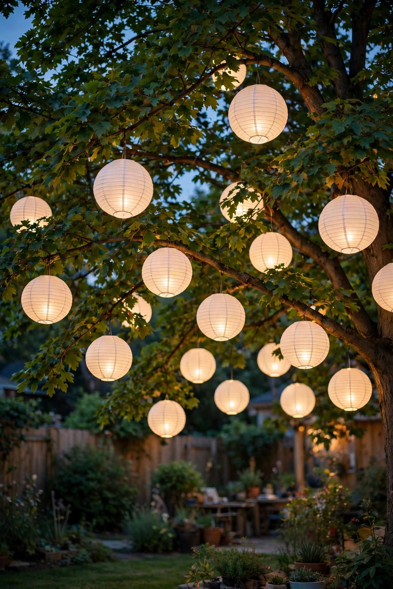 White paper lanterns with soft LED glow hanging throughout a backyard tree for an evening party
