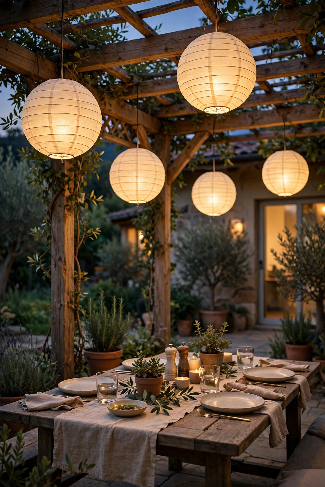 Round paper-look solar lanterns glowing under a pergola over an outdoor dining table