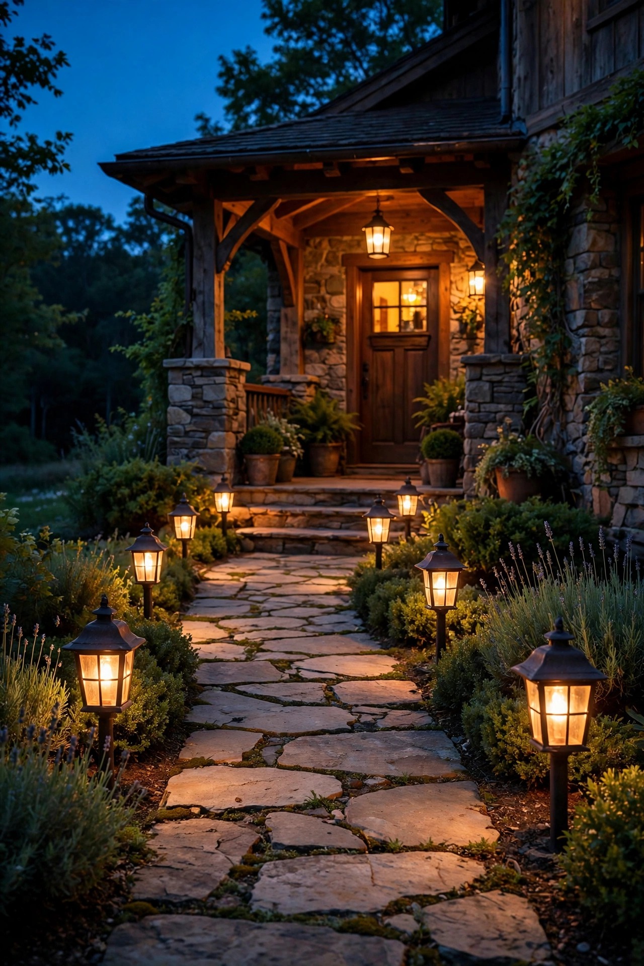 Rustic lantern style path lights glowing along a stone walkway leading to a lit front porch