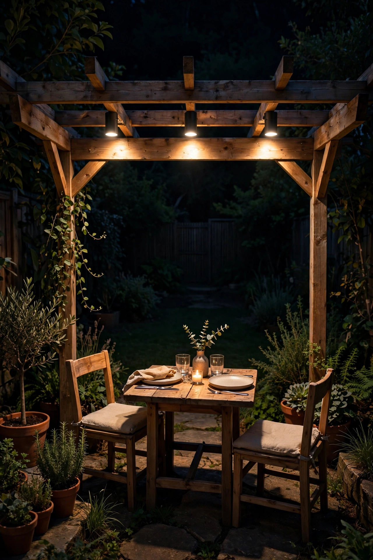 Warm downlights mounted under a small pergola creating a cozy lit outdoor room at night