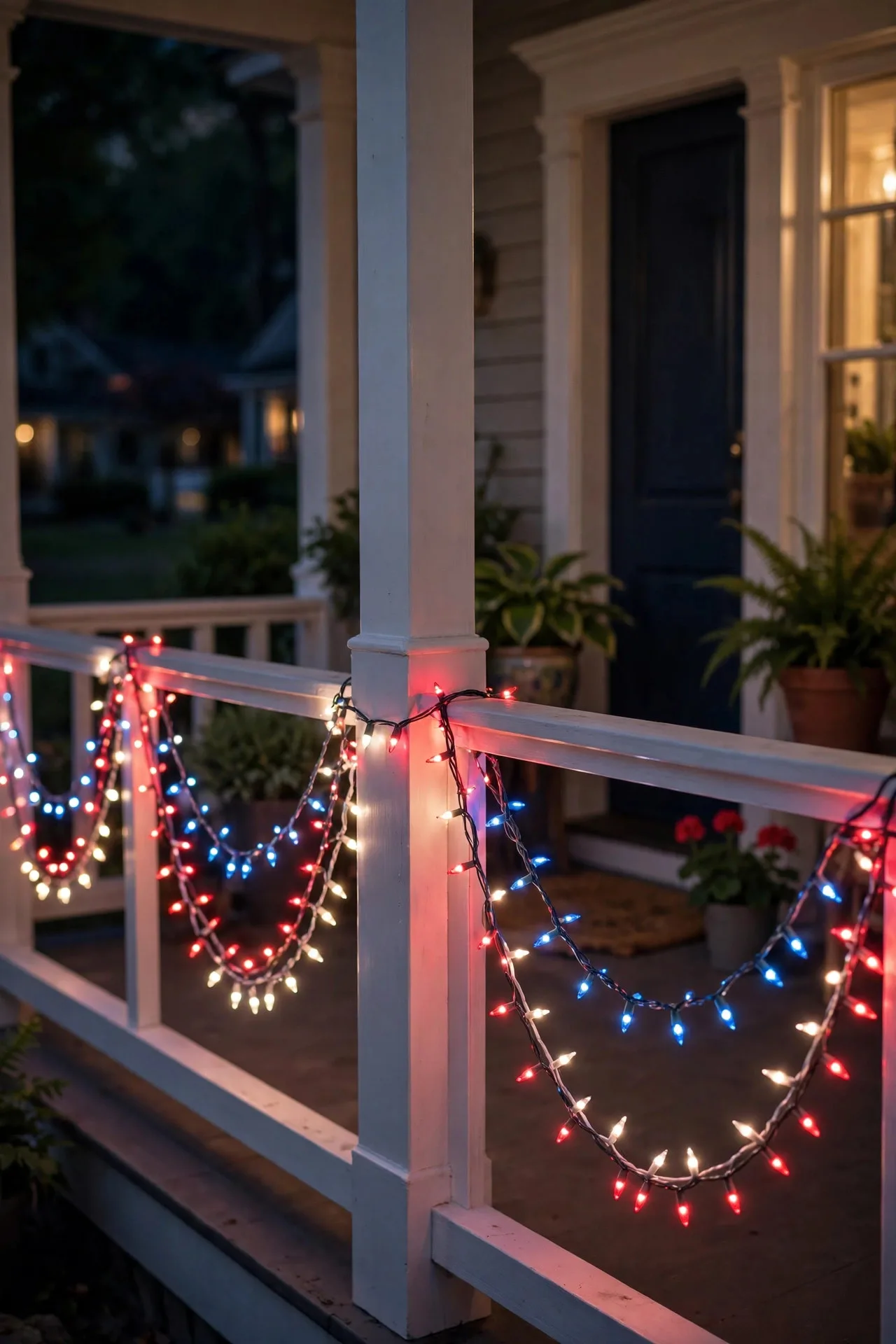 Red, white, and blue mini lights draped in swags along a porch railing at night