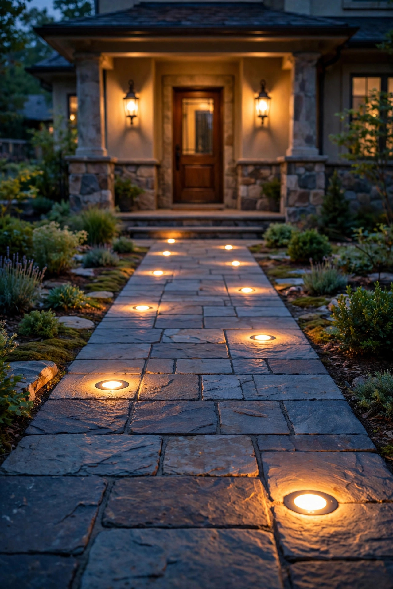 Flush paver lights embedded in a stone walkway leading to a porch with classic lantern sconces
