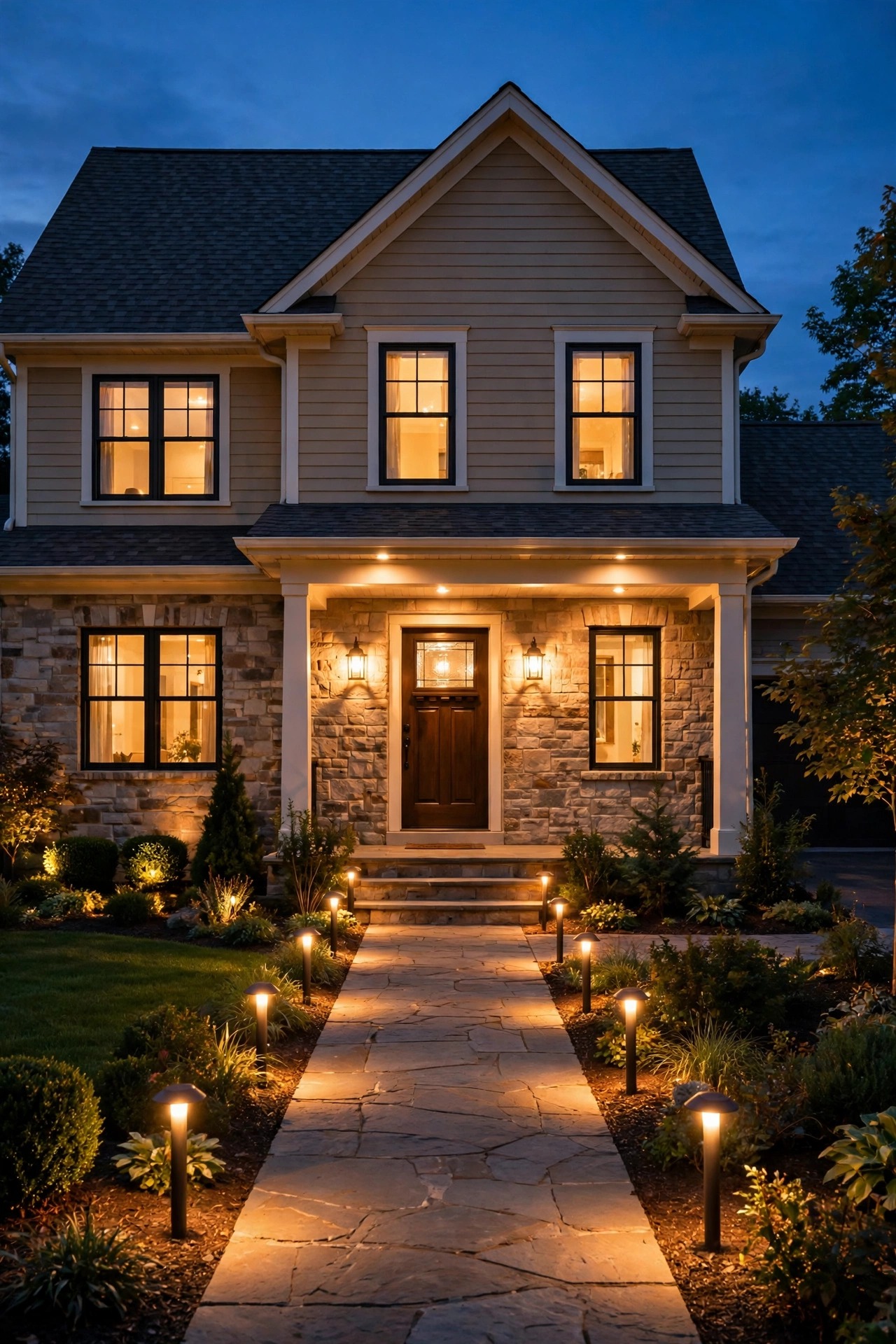 Photorealistic evening view of a homeowner driveway and front walk fully lit for a final nighttime walkthrough, every fixture glowing evenly, punch-list perfect warm lighting across the facade